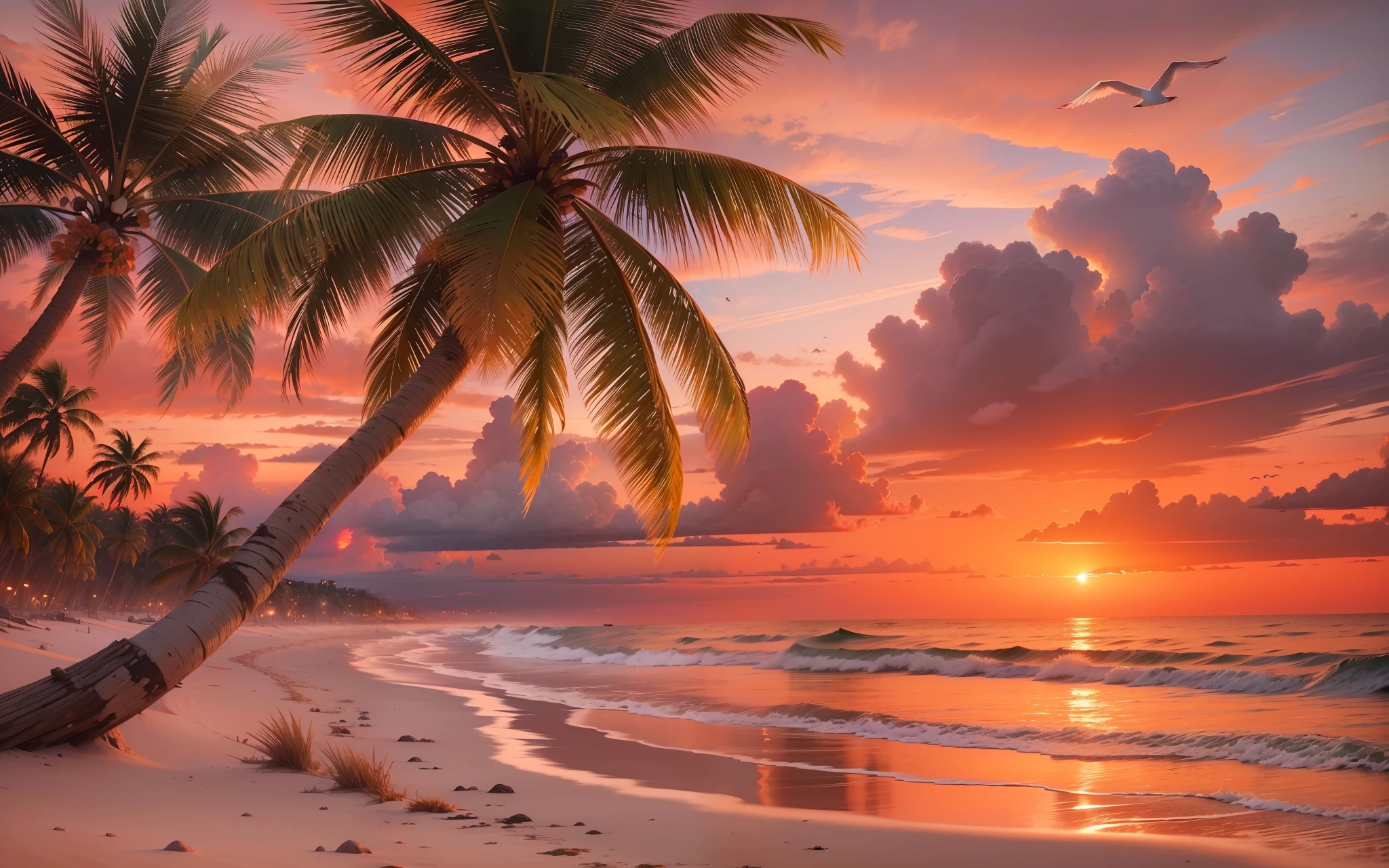 An absolutely mesmerizing sunset on the beach, with a mix of orange, pink, and yellow in the sky. The water is crystal clear, gently kisses the coast, and the white sand is endless. The scene is dynamic and breathtaking, with seagulls soaring high in the sky and palm trees swaying softly. Immerse yourself in the calm atmosphere and let the serenity surround you.