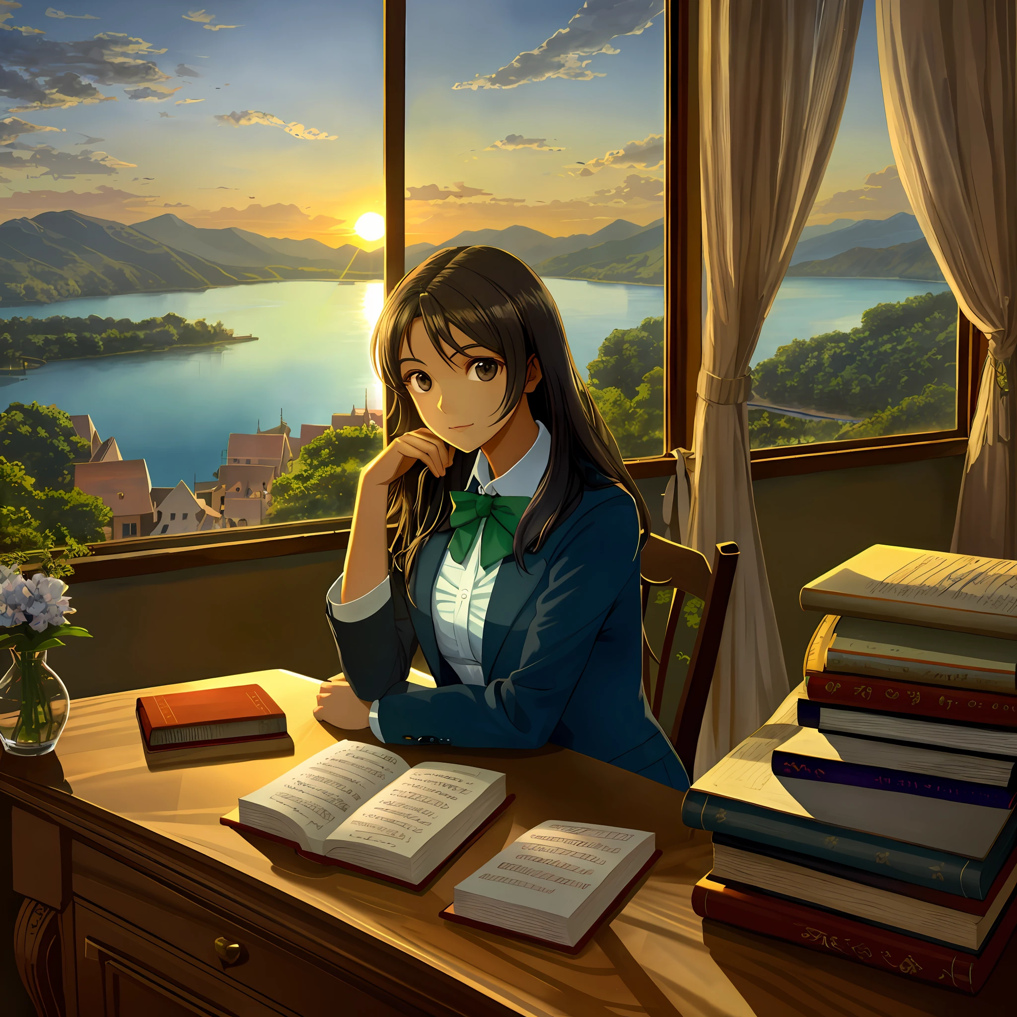 Kizi，Beautuful Women，Study desk，book，windowsill，the setting sun，lake water