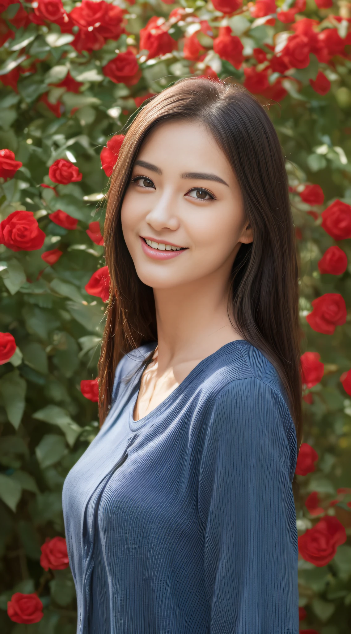 ((top-quality、8K、​masterpiece:1.3))、sharp:1.2、Perfect Body Beauty:1.4、Slim abs:1.2、Big、Beautiful face、A smile、((businesswoman、Casual clothing:1.3))、(Red rose garden background:1.2)、Straight hair、Highly detailed facial and skin texture、A detailed eye、Aspect of looking at the camera、portlate