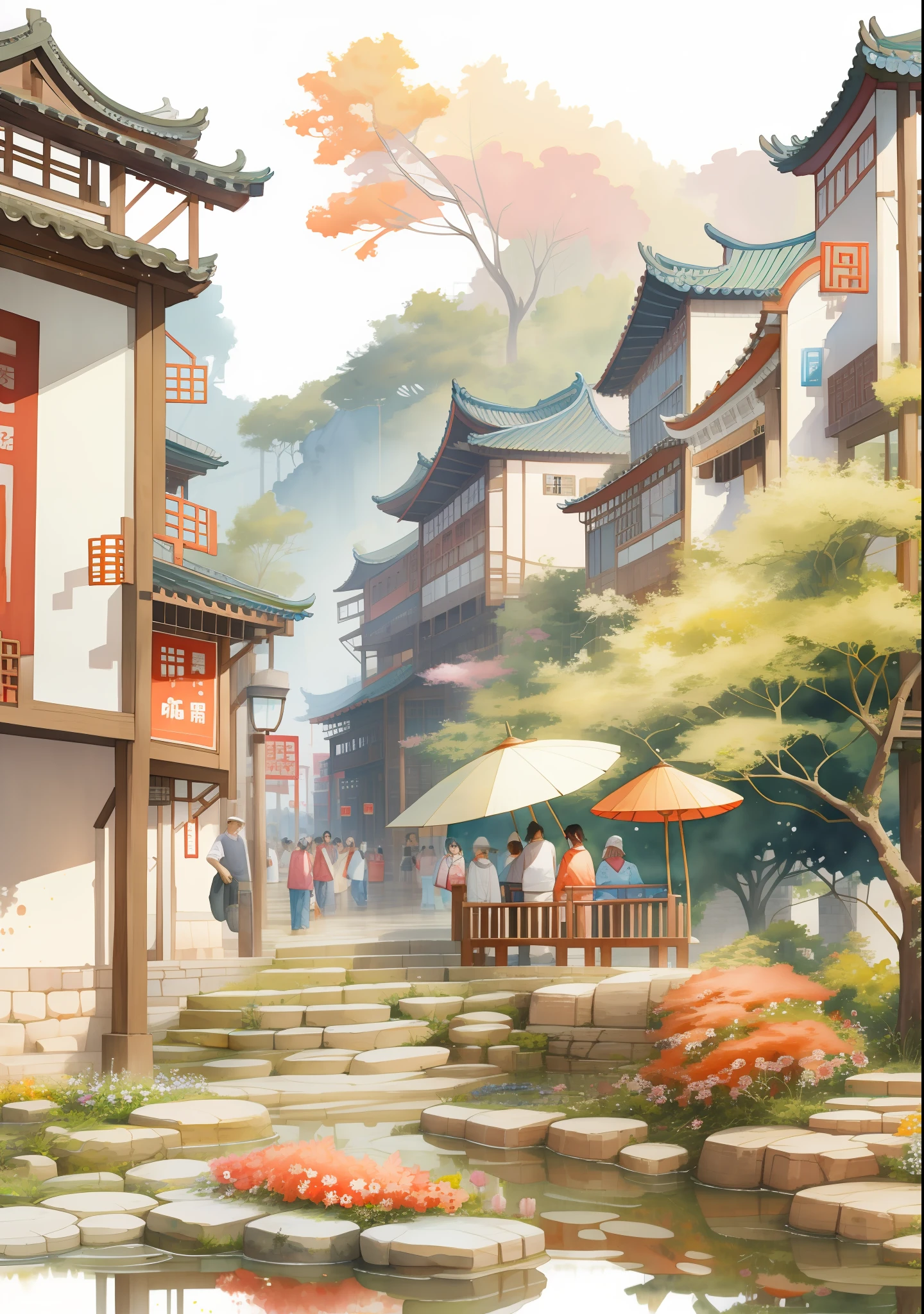 Watercolor ancient town view,Crowd tourists,ancient Chinese town。