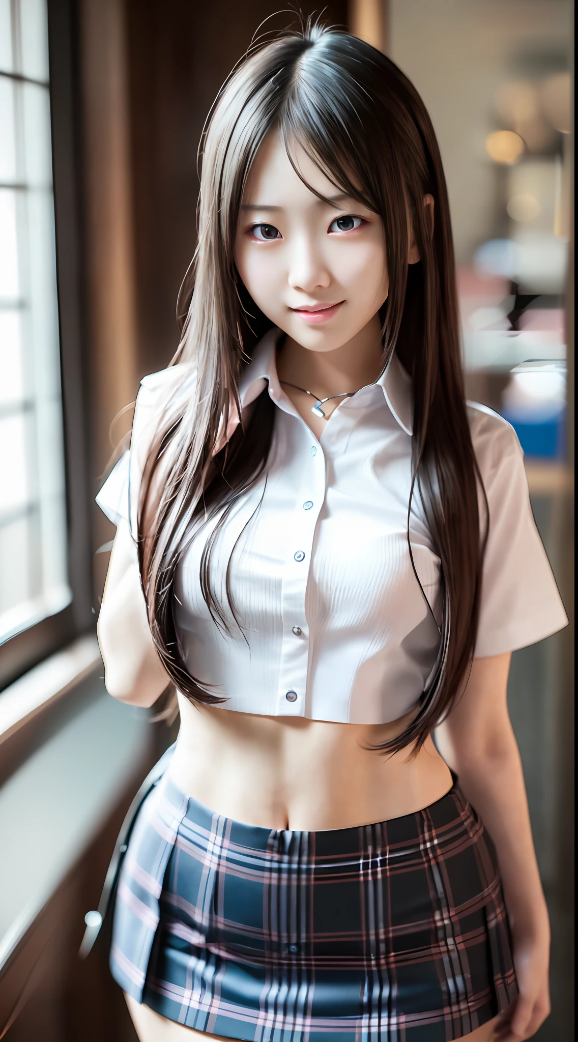 (ultra high definition), (maximum quality), (cinematic), (8k), (Japanese Girl), (extremely beautiful), (alone), ((full body)), (very slim), (very detailed face), (very detailed eyes), (realist eyes), (perfect body), (studio lighting), (front view), (sexy), (malicious smile), (soft skin), (very long hair), (short school uniform)