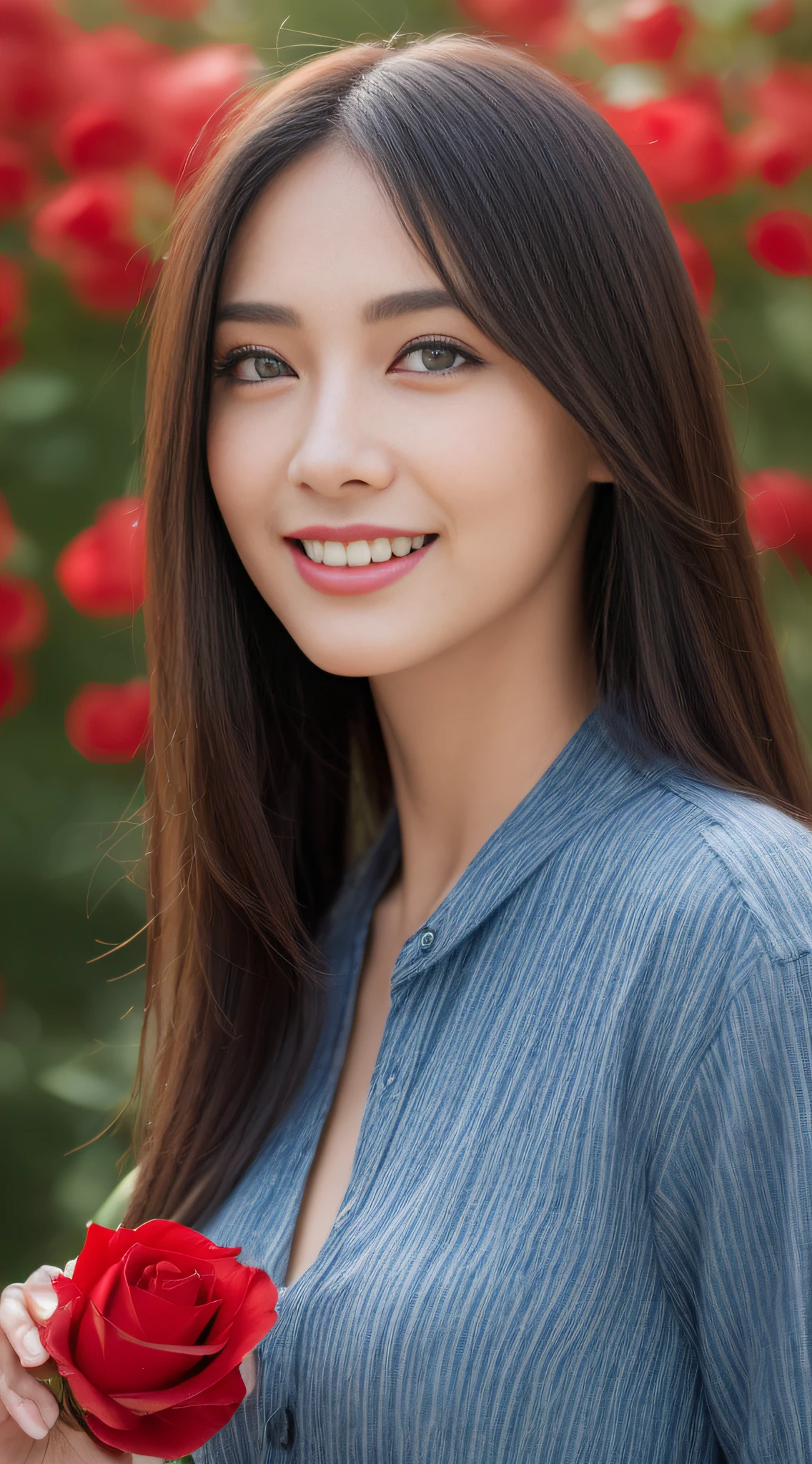 ((top-quality、8K、masterpiece:1.3))、sharp:1.2、Perfect Body Beauty:1.4、Slim abs:1.2、Big、Beautiful face、A smile、((businesswoman、Casual clothing:1.3))、(Red rose garden background:1.2)、Straight hair、Highly detailed facial and skin texture、A detailed eye、Aspect of looking at the camera、portlate