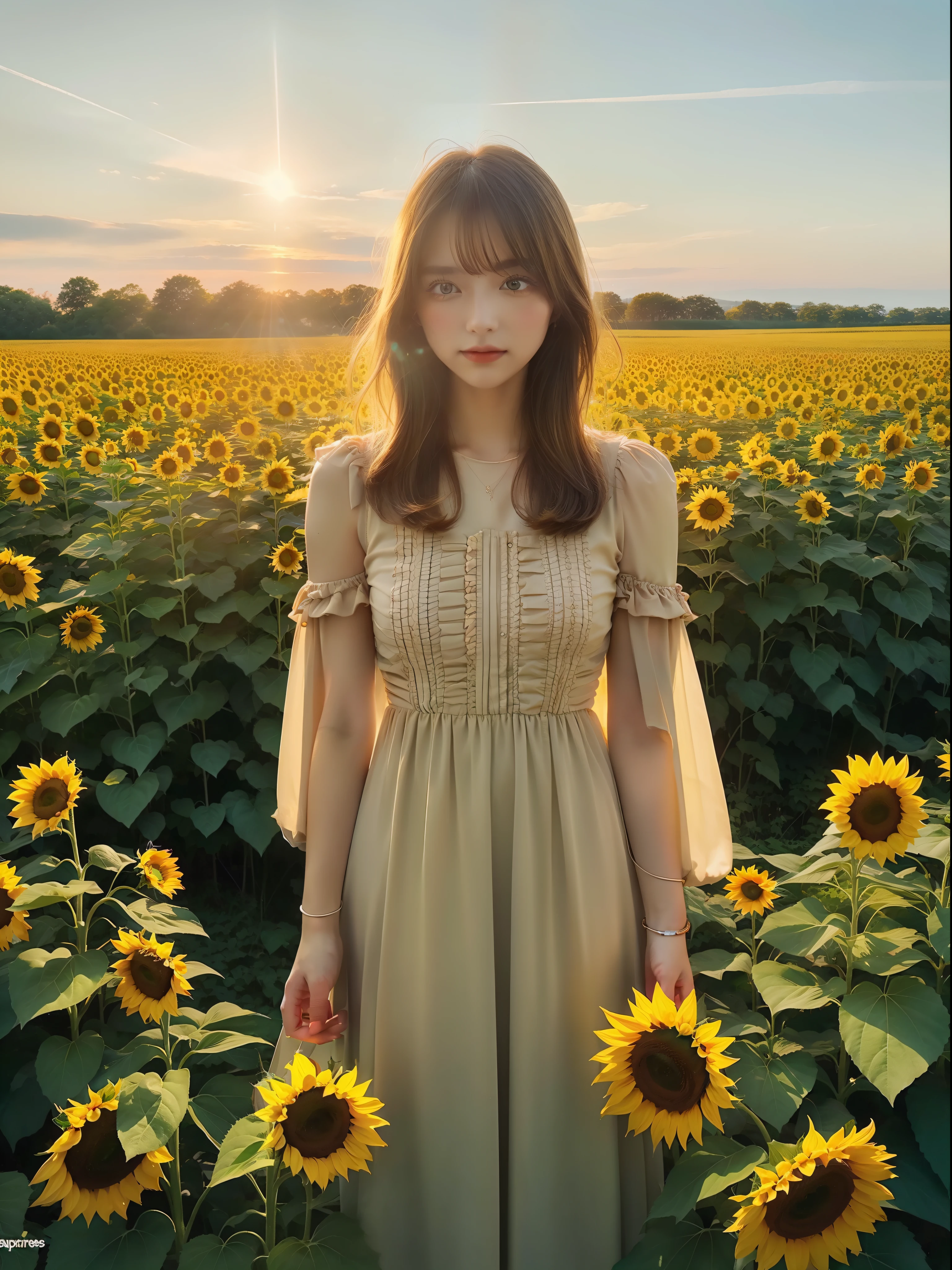 looking at the spectator、((sharpnes))、ciinematic light、Vast sunflower field、the colorful natural light