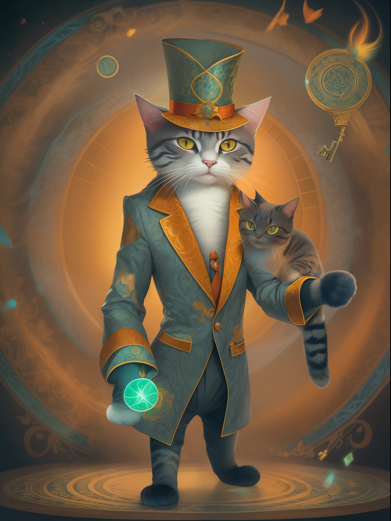 A captivating image depicting a cat in a fantastical, glowing outfit, dressed in a brightly-colored, flowing suit with intricate patterns. The cat, dressed in a colorful suit, holds a stylized key to a magical portal, which emits a soothing, soothing, electronic humming sound. The cat is dressed in an elegant, flowing bow, with a matching necktie and a stylish hat. The background is blurred, emphasizing the cat's mysterious, magical appearance. standard lens, soft lighting, high shutter speed