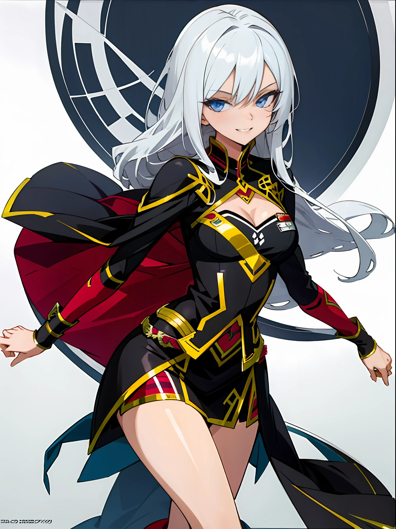 mischievous expression,Grinning,Slightly curved transversely,The sides are slightly inclined,Slight close-up of the face, anime woman fullbody art, Wearing Gorgeous Costume, Anime figure; Full-body art,White hair