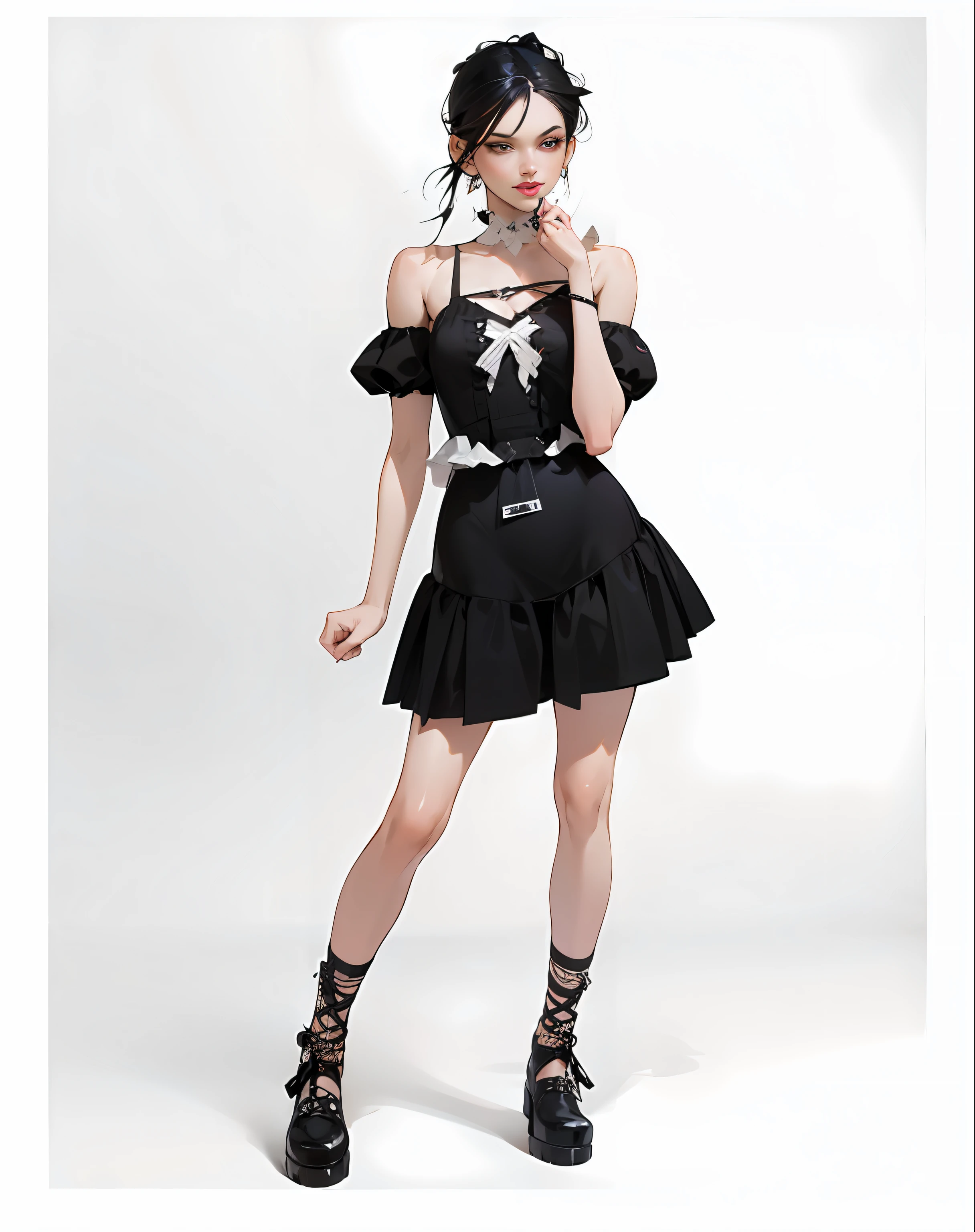 araffe woman in a black dress posing for a picture, witch clothes, goth punk clothes, trending on cgstation, full body cute young lady, trending at cgstation, Detached sleeves, frilly outfit, gothic clothing, casual black clothing, high-waist-black-skirt, jia, all black cyberpunk clothes, shaxi, gothic clothing