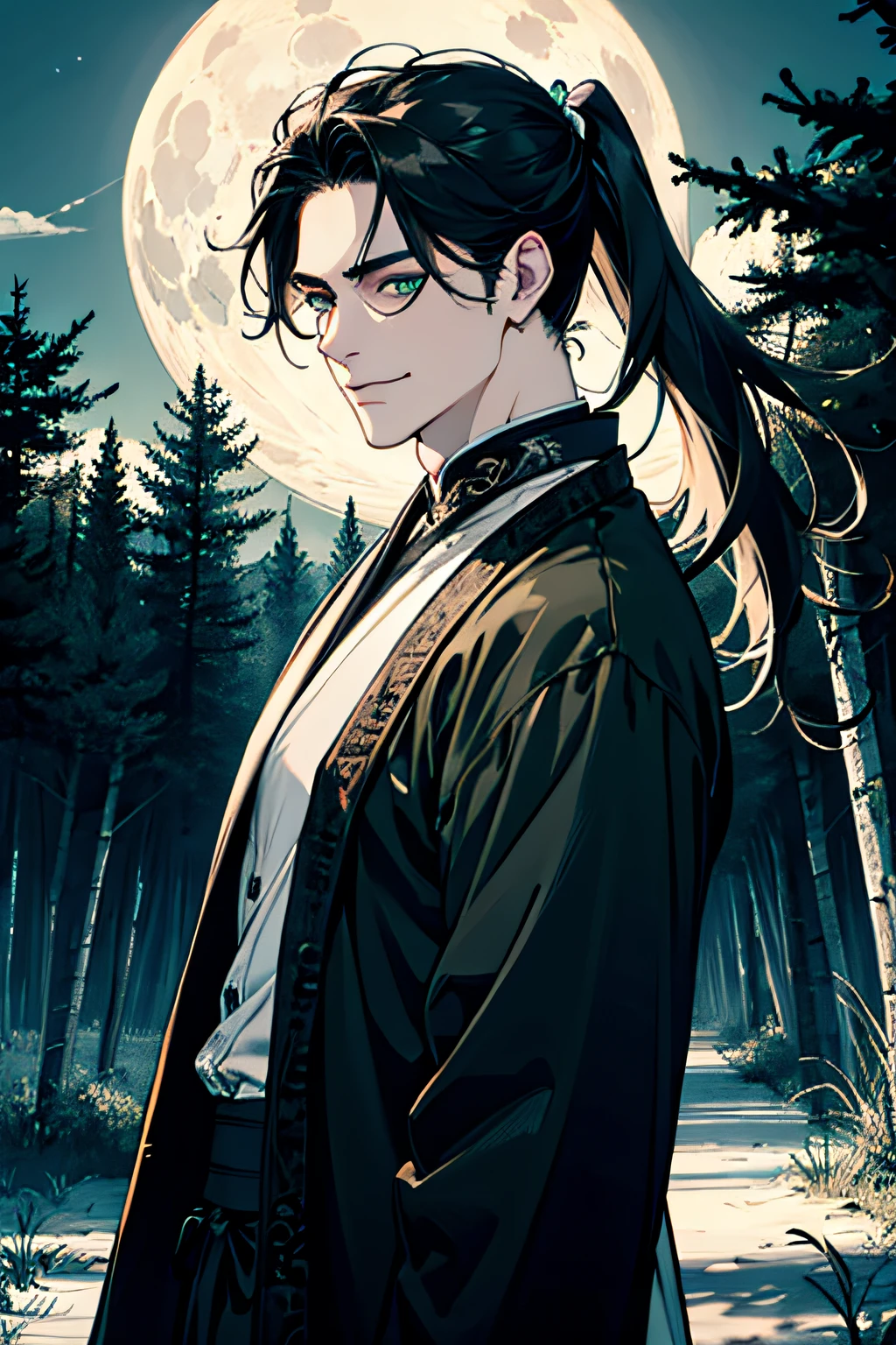 (absurderes, hight resolution, ultra-detailliert), 1man, 30 years old man, Adult man, Handsome, tall,, finely detailed  eyes and detailed face, Hanfu、Black clothe、, Night, Smile, Dutch Angle, ((Long hair, Black hair)), (((poneyTail))), Moon, forest, Gothic, Dark, Take in the view, pale skin, Green detailed eyes, eye line, (masculine), Sexy, Smirk, Seductive, slightly muscular, Very attractive, flirtatious, Mature,