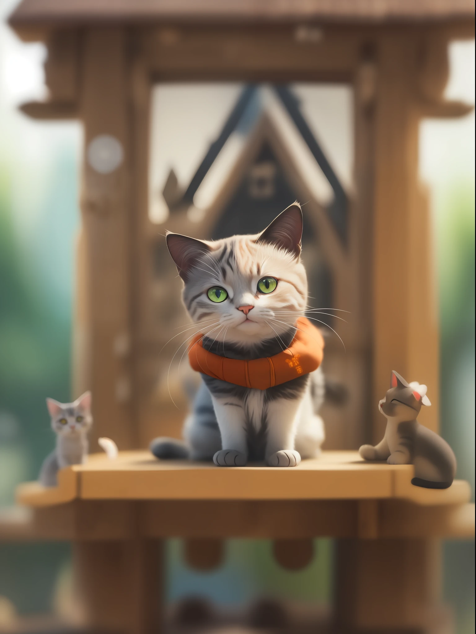 A captivating image of a curious cat dressed in an ensembleElf-like outfit, standing on a wooden platform with a set of intricate, glowing symbols on its back. The cat's eyes are closed, its fur and ears are neatly arranged, and it has a curious expression on its face. The scene is filled with soft, bokeh lighting that stretches across the frame, drawing the viewer's eye along the lines of the symbols and drawing attention to the cat's unique appearance. telephoto lens, shallow depth of field, fast shutter speed