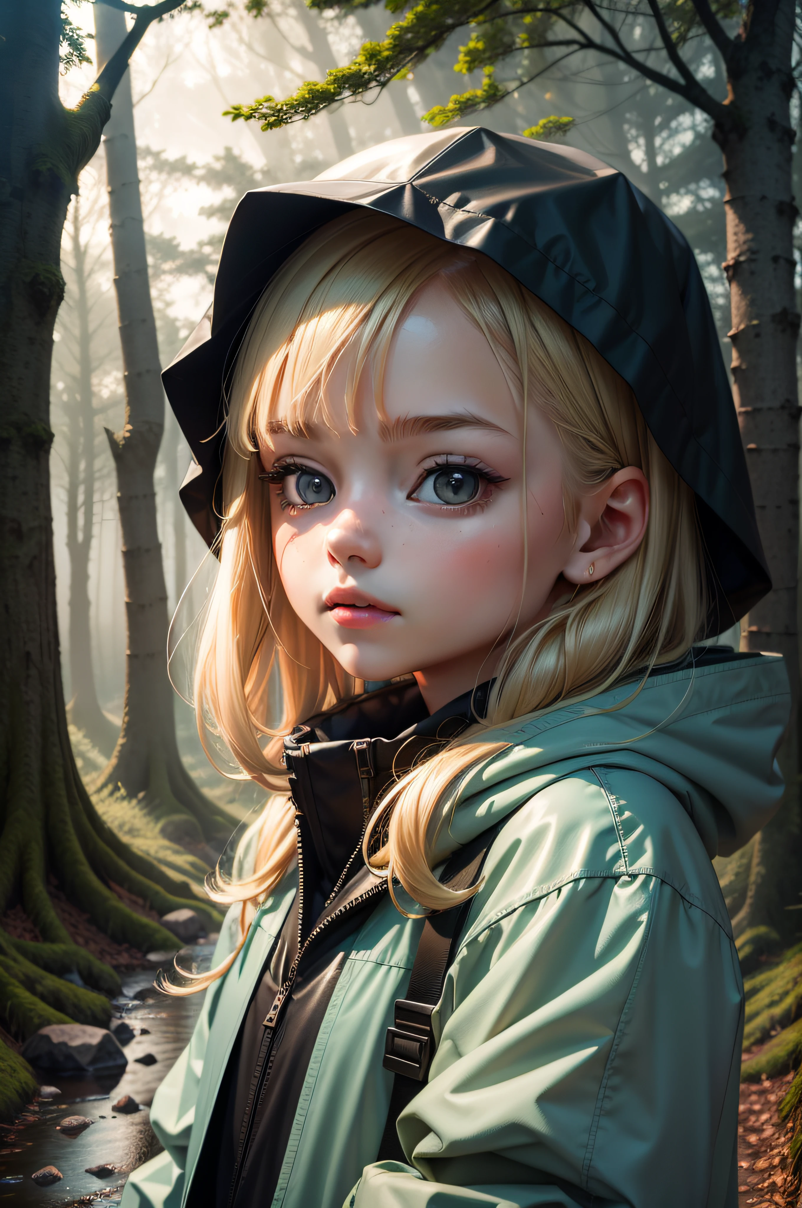 1girll, ​masterpiece: 1.6, Top  Quality: 1.4, live image:1.2, lighting effects, In the woods, Cloudy weather, The Girl in the Raincoat, illuminant