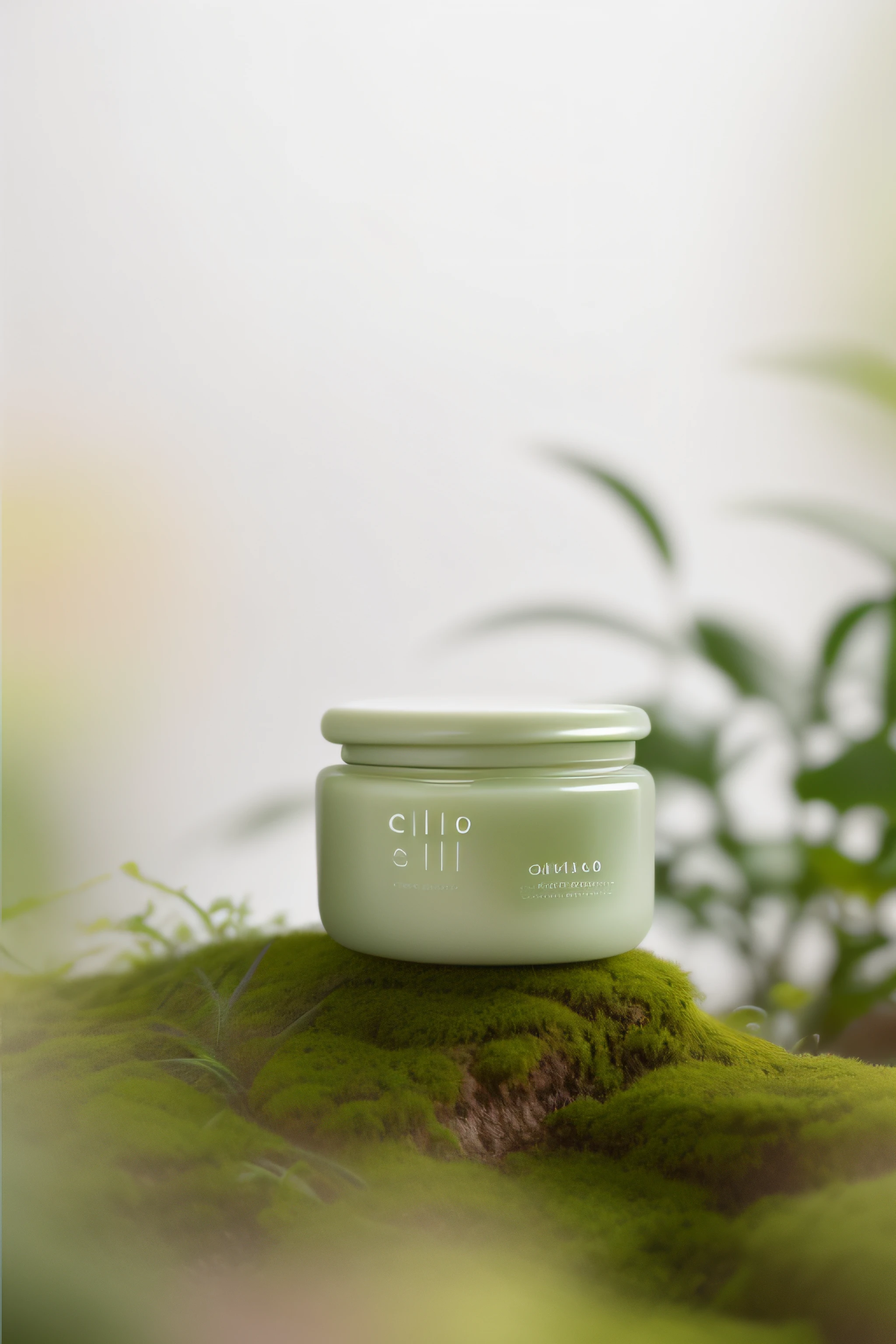 Close-up of a jar of cream on a mossy surface, Chill, biophilia mood, chillwave, textured base ; product image, choi, professional product photo, photoshoot for skincare brand, professional product shot, high quality product photo, Skincare, Inspired by Camilo Sen, Official product photo, Cheerful ambiance, Wang Chen