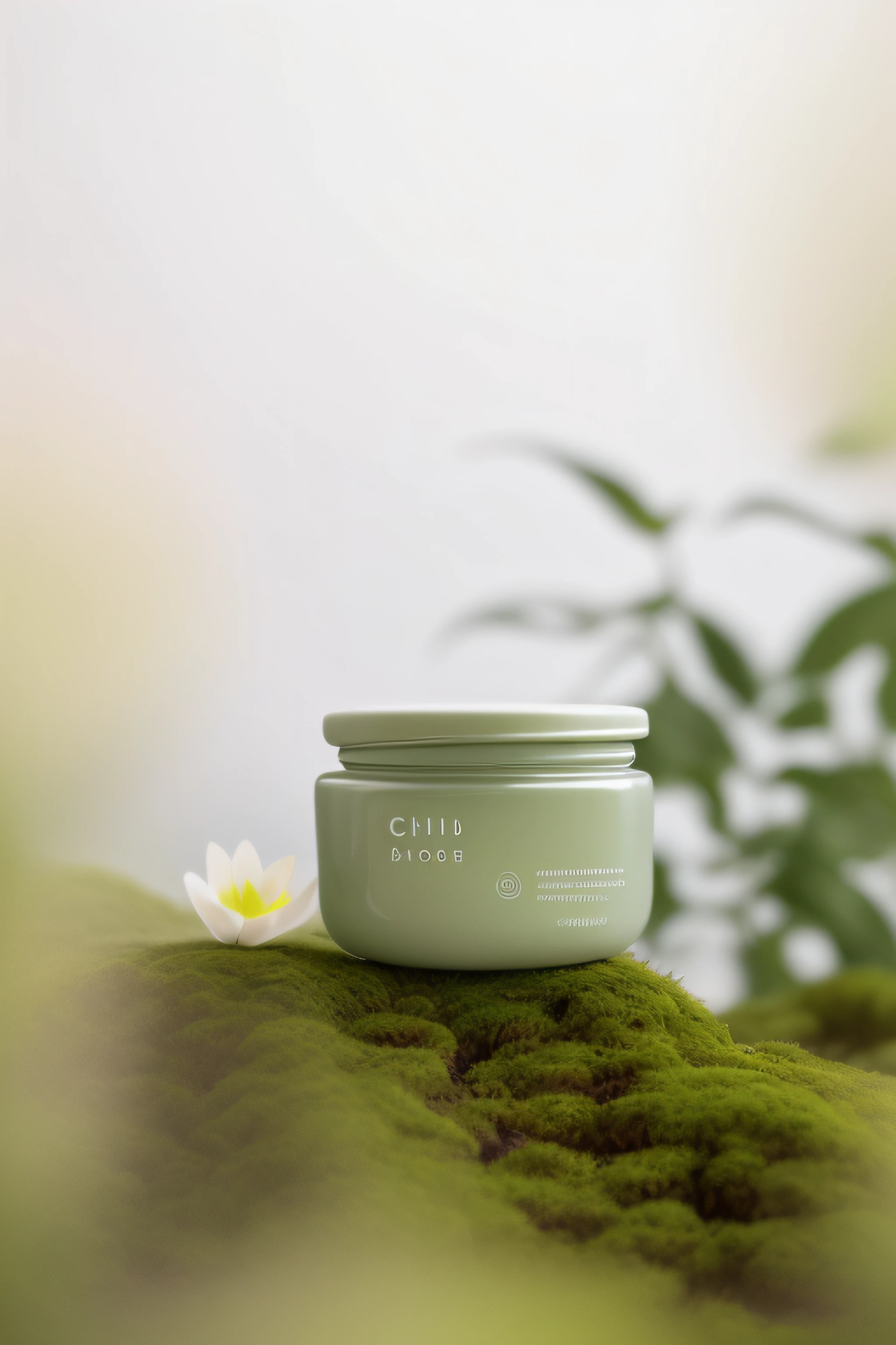 Close-up of a jar of cream on a mossy surface, Chill, biophilia mood, chillwave, textured base ; product image, choi, professional product photo, photoshoot for skincare brand, professional product shot, high quality product photo, Skincare, Inspired by Camilo Sen, Official product photo, Cheerful ambiance, Wang Chen
