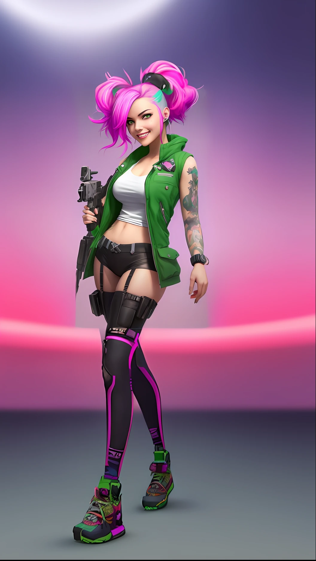 (Full body standing) 2D Animation, Full body game animation, (Very cute face), Casual Fashionable, Realistic pink and green hair, Sports Bright Colors Fashionable Casual Punk Clothing, Smiling, Hold a machine gun, Highly detailed, Art Station, Woman with a very pretty face.8 K, Incredible art fatorg, , wlop, ArtGerm, Highly detailed, Octane Render, At 8K, depth of fields, Claudia, Beautiful face, Cyberpunk, Central Server, Deep field of view, , Award-winning Fatorg, Silver tattoo, standing on the grass , standing on the grass, Big futuristic cyberpunk costume, Big Head Earphones, Fashionable woman, pop-art, Only one woman, Octane Rendering, Cinematic lighting, Center, looking in camera, 8K Perfect Lighting, Full body pastel colors, Whole body software lighting, Anime Game Characters,Full body