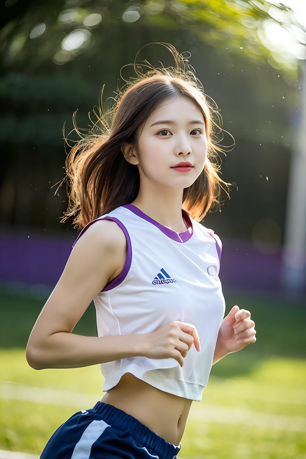 (((Sports, Short, Long, Running, Jogging, Marathon, Exercise, Athletics, Running, Running Posture, Running, Feeling of Galloping, Sweat, Sweat, Sweating Lots)))), ((Volley Uniform: 1.3, White, Red, Blue, Uniform: 1.3, Lower, Swaying, Hetero)), ((White, Red, Blue, Bloomers: 1.2, Low Rise)), (Athletics, Floating Hair NovaFrog Style, Floating Hair, Hair and Clothes That Flutter in the Wind, High School, Slender Abs: 1.2, Navel, Serious Look), (The shape of the pubic area is clearly visible)), Blushing, NSFW, 8k, RAW Photo: 1.2, (Best Quality: 1.4, Masterpiece: 1.4), Super Detail, Best Illustration, Ultra High Resolution, Portrait, Film Grain, 1girl, POV, Depth of Field, Photorealistic: 1.4, detailed hair, realistic hair, realistic lighting, realistic shadows, realistic clothing, realistic skin, natural skin texture, portrait: 0.6, light particles, lens flare, glowing particles: 0.6, bokeh: 1.2, clean: 1.8, professional lighting, photon mapping, radiosity, physically based rendering, incredibly absurd, Glossy skin, pale skin: 1.2, PureErosFace_v1: 0.7, fair skin: 1.1, round face: 1.5, mouth open, puffy eyes, purple eyes, double eyelids, egyosar: 1, floating hair, makeup, Japan girl, lovely thighs, shining thighs, shining legs