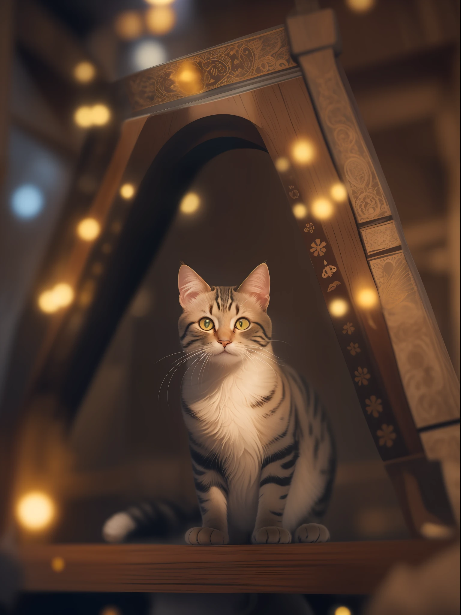 A captivating image of a curious cat dressed in an ensembleElf-like outfit, standing on a wooden platform with a set of intricate, glowing symbols on its back. The cat's eyes are closed, its fur and ears are neatly arranged, and it has a curious expression on its face. The scene is filled with soft, bokeh lighting that stretches across the frame, drawing the viewer's eye along the lines of the symbols and drawing attention to the cat's unique appearance. telephoto lens, shallow depth of field, fast shutter speed