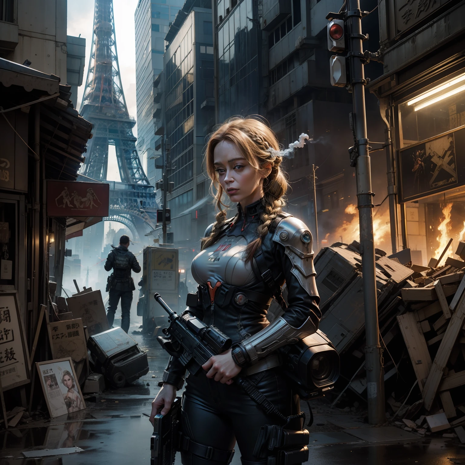Emily Blunt (Dutch braided hair) in Evangelion armor behind a barricade, carrying a laser assault rifle in his hands, dinamic poses, olhar serio, Combates intensos, foto de corpo inteiro, Cyberpunk, mega tokyo, Fires and smoke, Nokia camera, modelshoot, corpo atletico, Post-apocalyptic Paris, Eiffel Tower destroyed, dia
