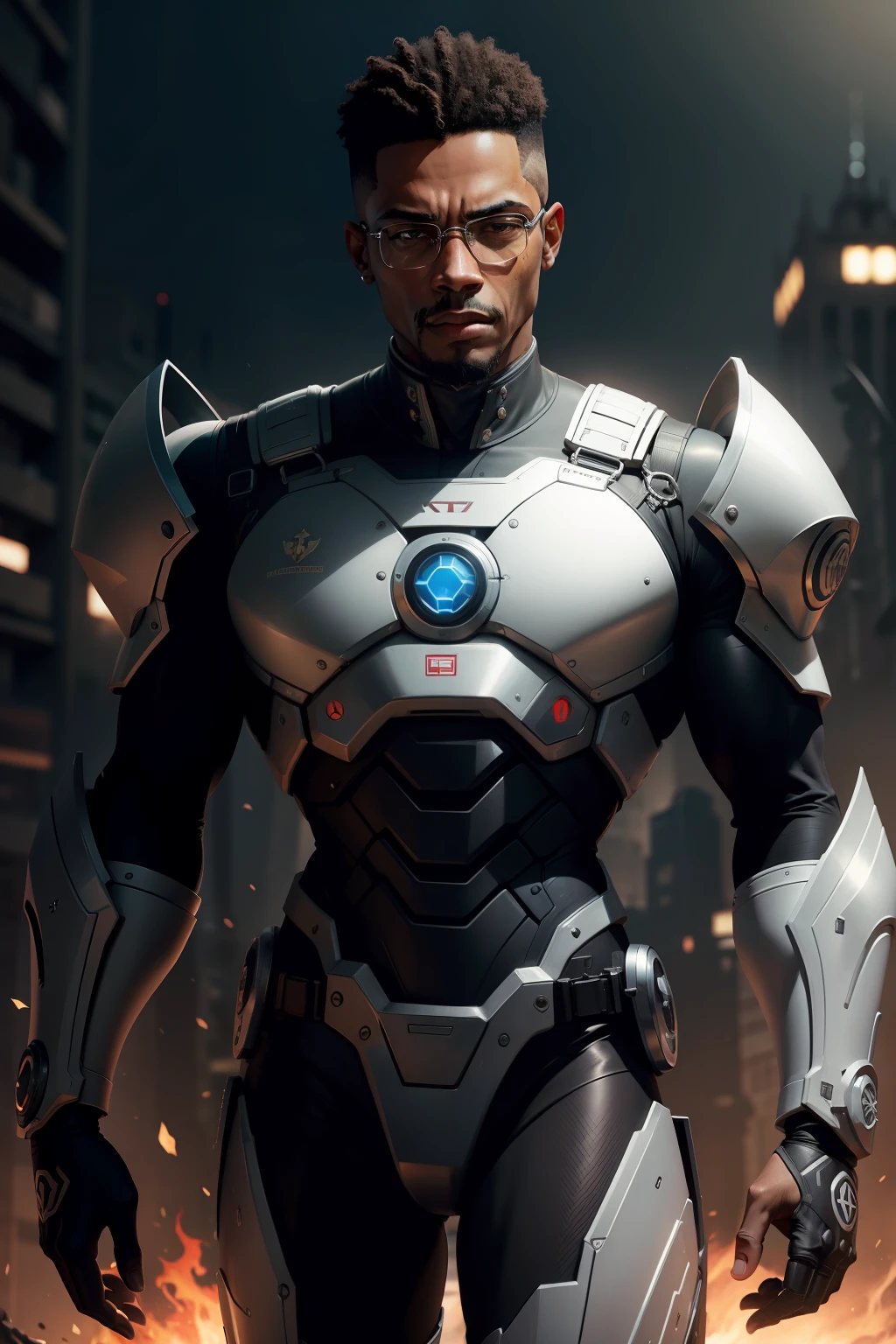 malcolm-x face, datk fantasy, rock-ballads, black man, brown skin, Police Chief, barba curta branca, homem quarenta anos, robotic presence, wearing a black mechanical suit, intrincado, (steel metal [enferrujado]), elegante, Gothic colors, obra-prima, ((rua)), Medicine symbol on uniform, dark light, rounded face