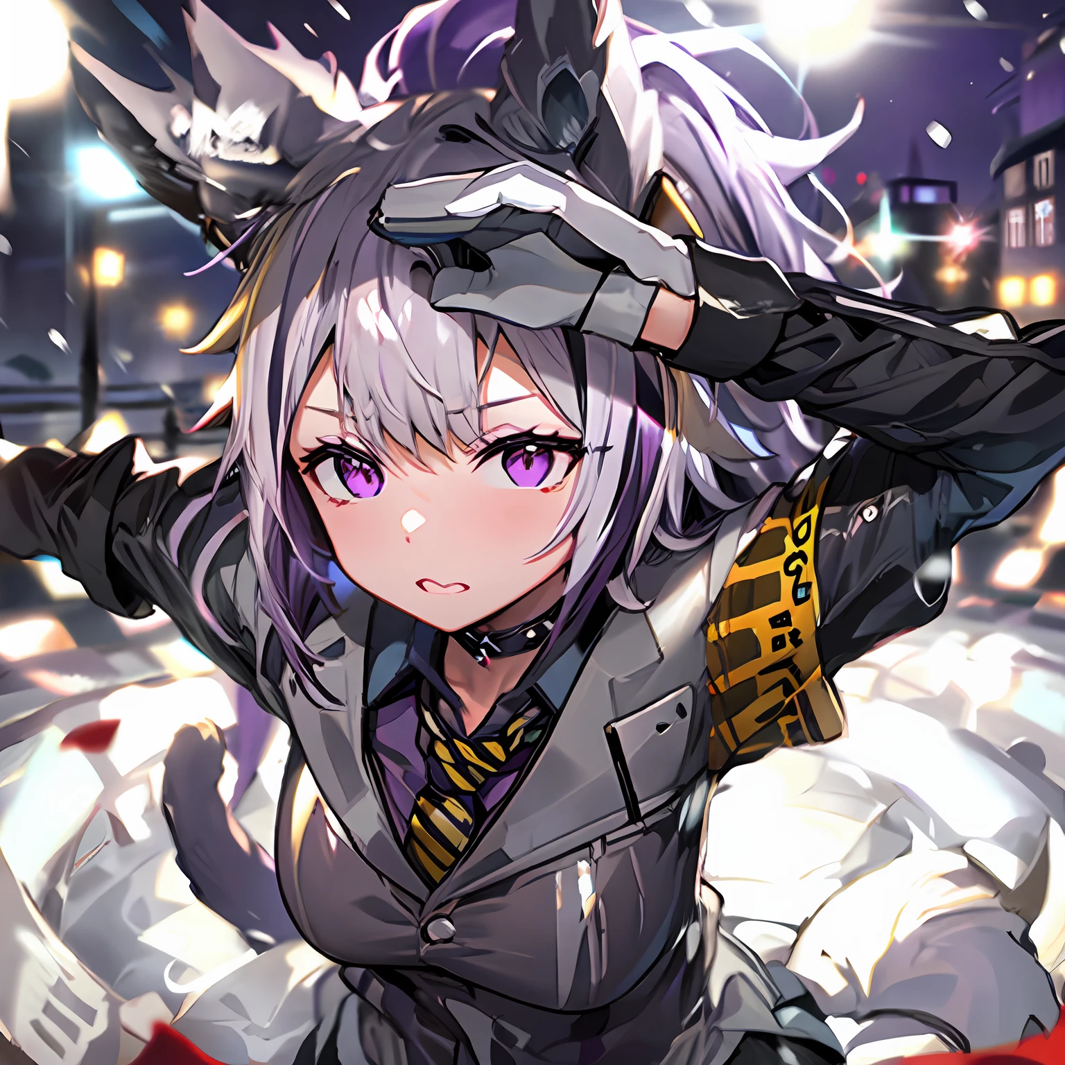 girls,purple  hair, cat ears, black and white jacket, yellow  armbands, school , night time, snowing, black gloves