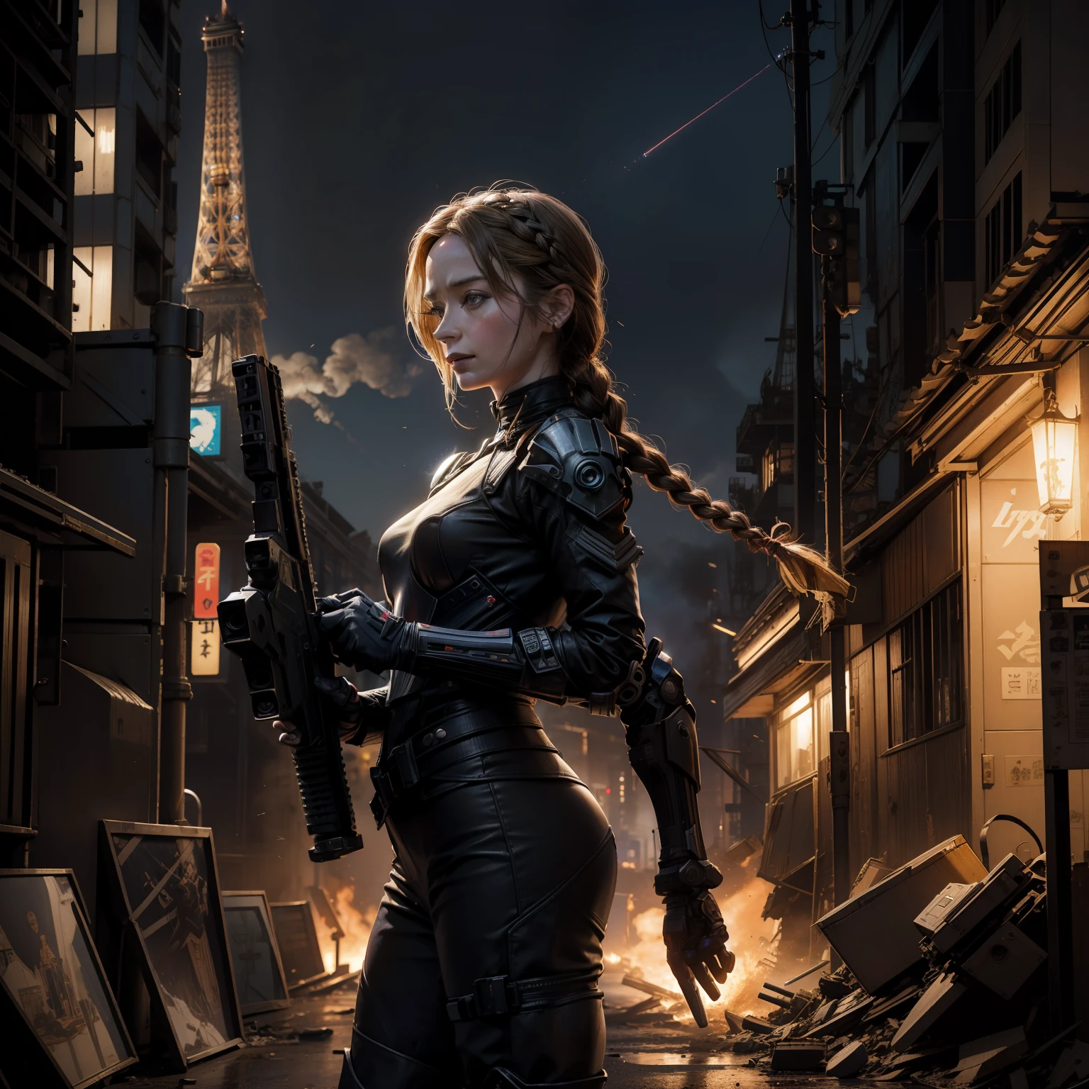 Emily Blunt (Dutch braided hair) in Evangelion armor behind a barricade, carrying a laser assault rifle in his hands, dinamic poses, olhar serio, Combates intensos, foto de corpo inteiro, Cyberpunk, mega tokyo, Fires and smoke, Nokia camera, modelshoot, corpo atletico, Post-apocalyptic Paris, Eiffel Tower destroyed, dia