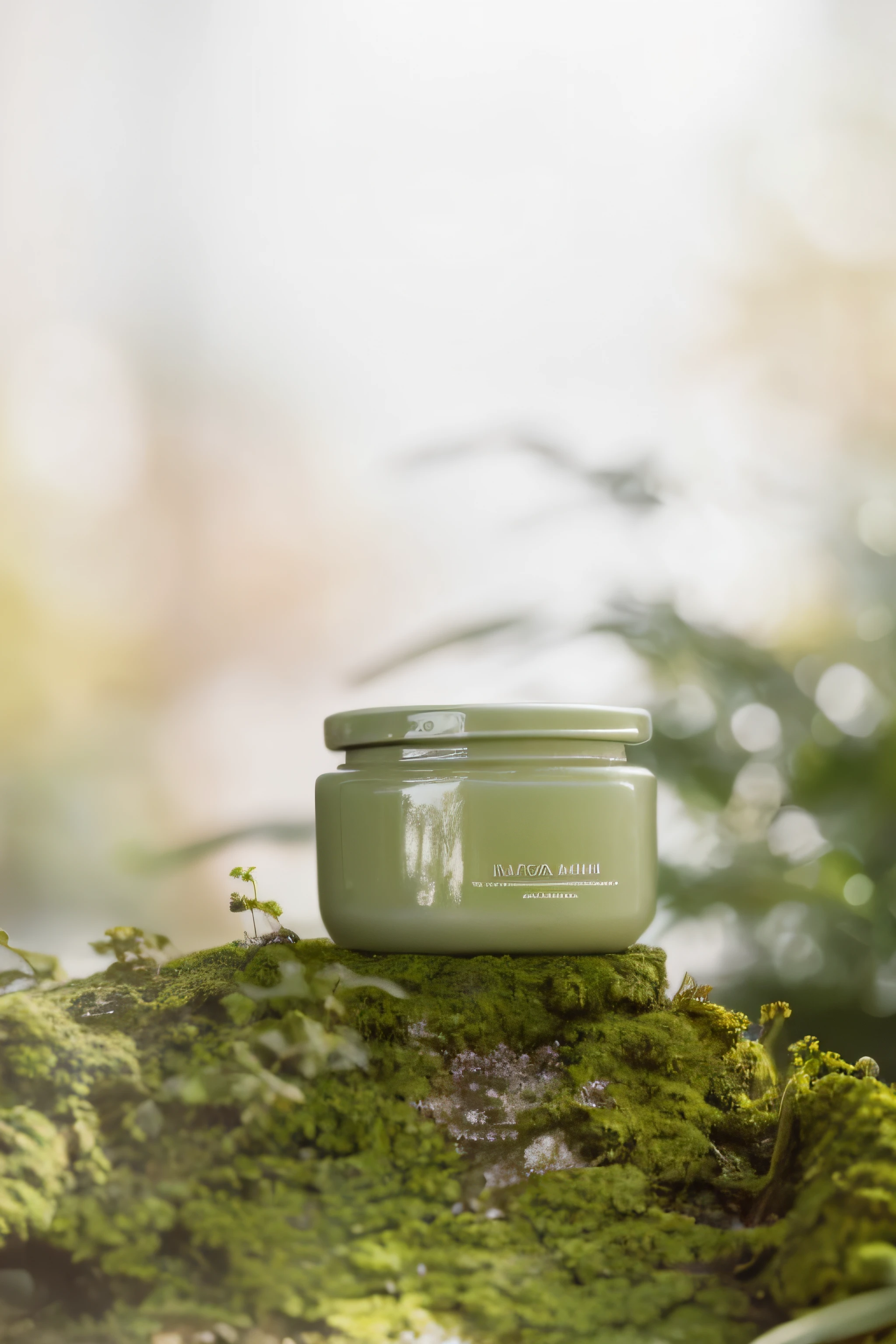 Close-up of a jar of cream on a mossy surface, Chill, biophilia mood, chillwave, textured base ; product image, choi, professional product photo, photoshoot for skincare brand, professional product shot, high quality product photo, Skincare, Inspired by Camilo Sen, Official product photo, Cheerful ambiance, Wang Chen