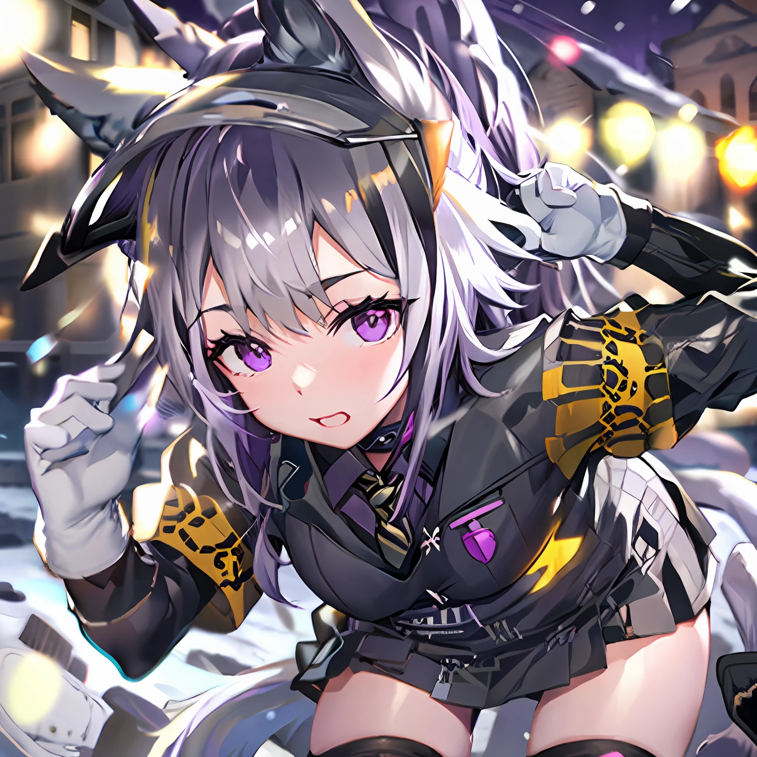 girls,purple hair, cat ears, black and white jacket, yellow armbands, school , night time, snowing, black gloves