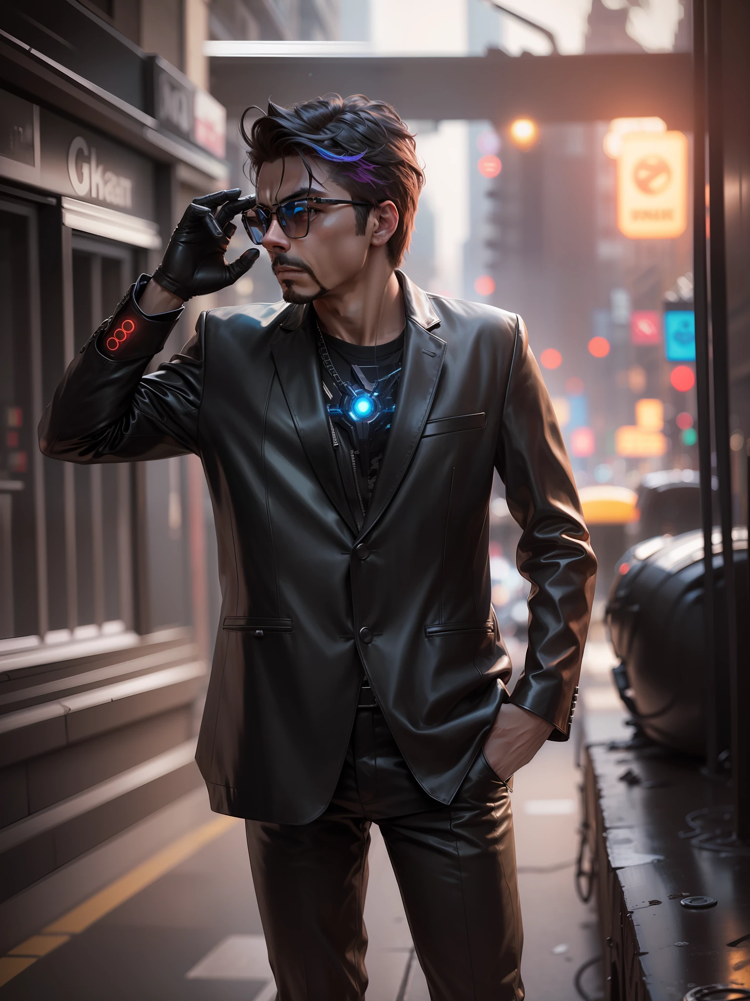 there is a man in a black leather jacket and glasses, very young like teenager, hero pose colorful city lighting, iron man, full portrait of electromancer, black colour hairs, wearing cyberpunk leather jacket, inspired by Raymond Han, inspired by Max Magnus Norman, cyberpunk suit, cyborg fashion shot, cyber future jacket, cyber suit, cinematic outfit photo, professional cosplay, wearing Tony stark jacket