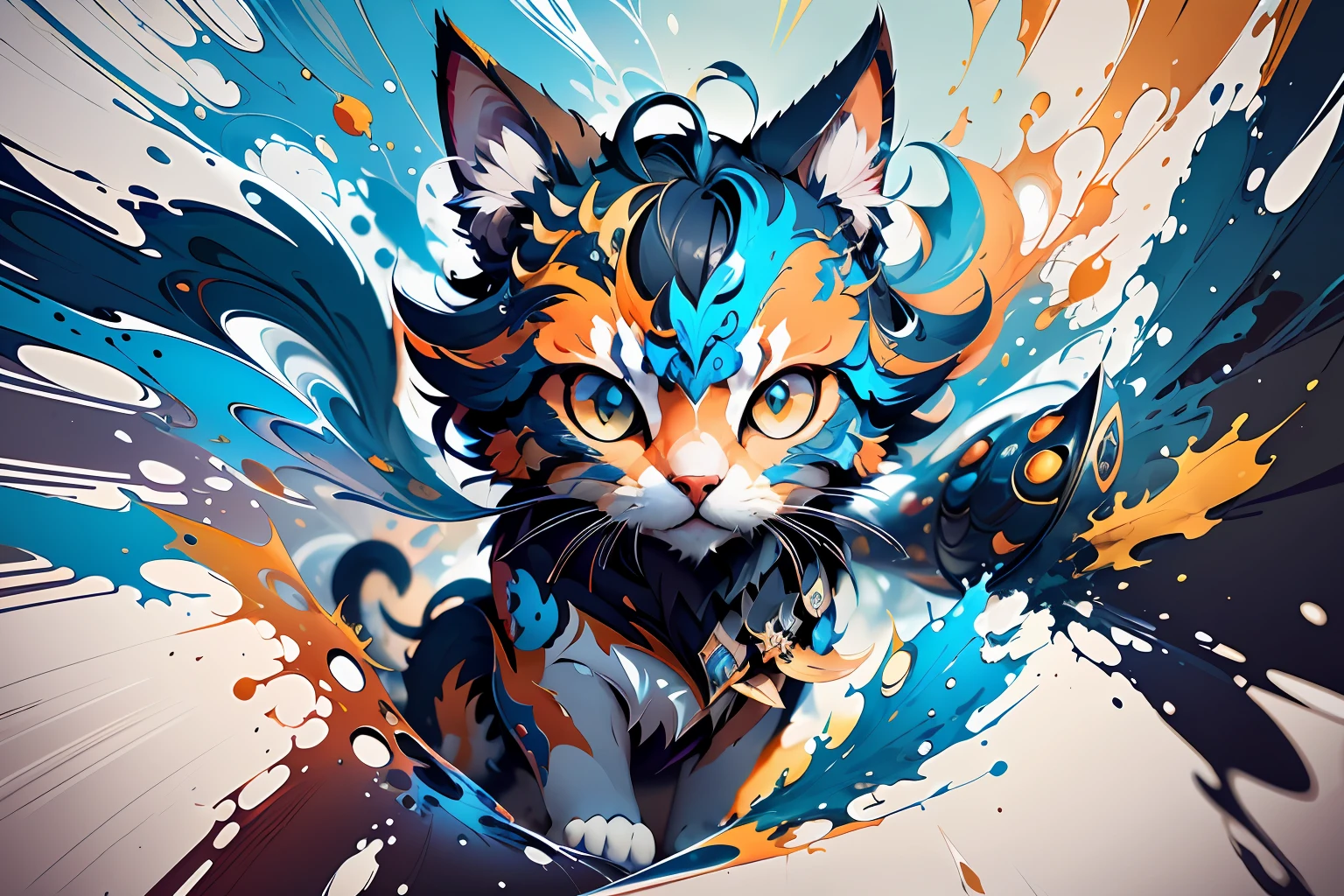 distorted art of the face of a cartoon warrior cat of vibrant colors in the form of a futuristic shield with TECHNIQUE brush and splash effects
