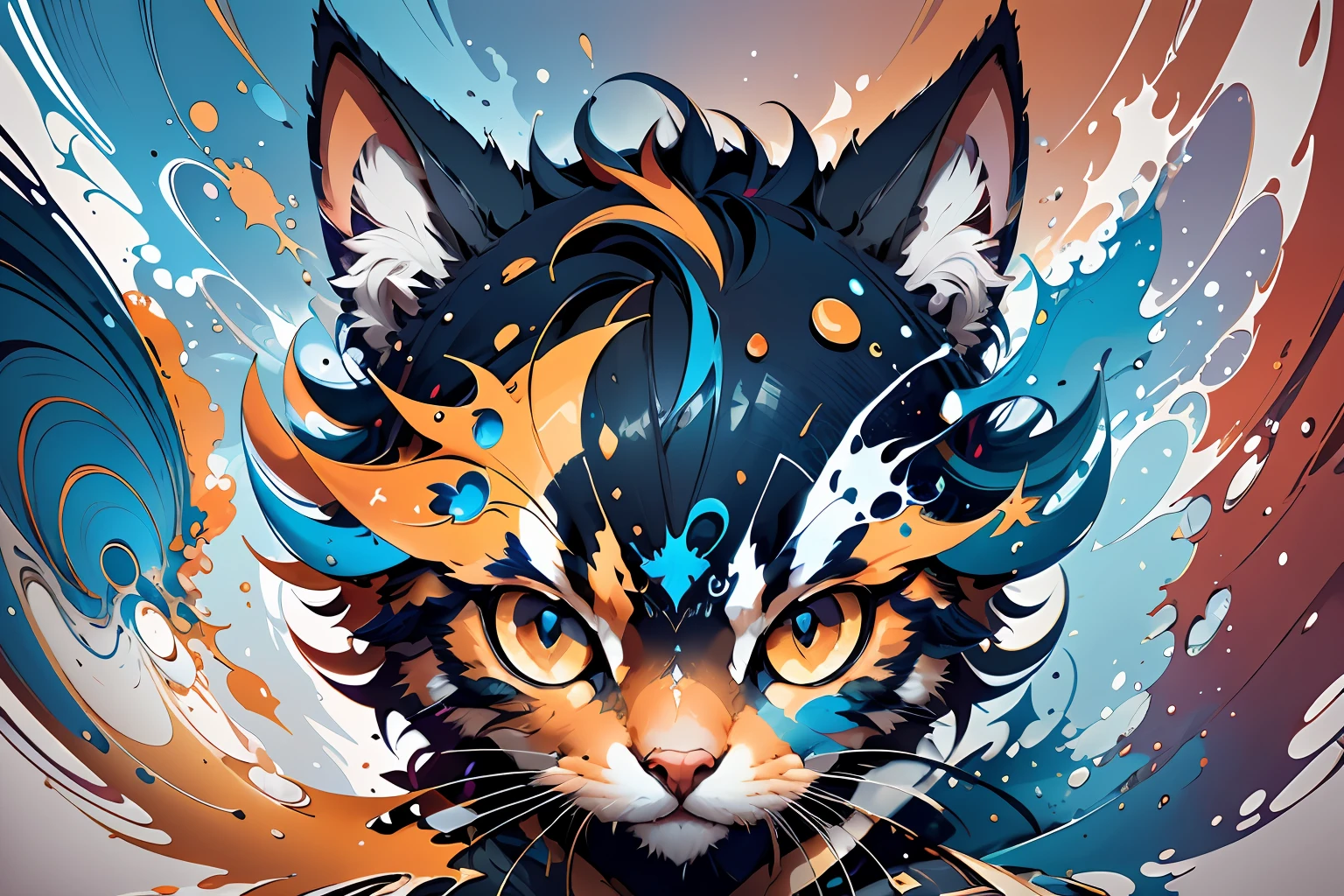 distorted art of the face of a cartoon warrior cat of vibrant colors in the form of a futuristic shield with TECHNIQUE brush and splash effects