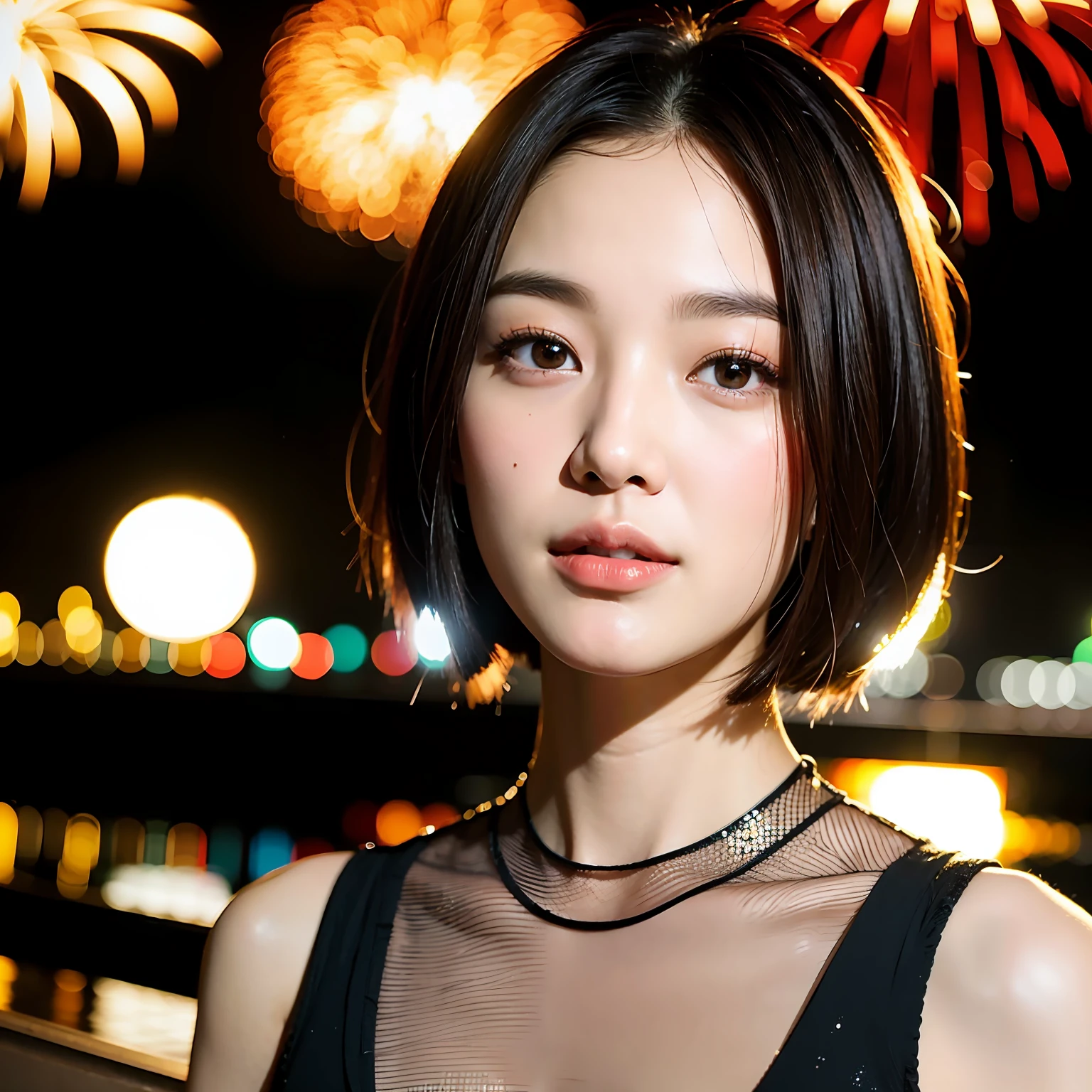 Close up portrait of woman with short hairstyle in black top, With short hair, beautiful Korean women, Beautiful young Korean woman, Gorgeous young Korean woman, Korean Girl, korean symmetrical face, Young adorable Korean face, Korean Woman, Portrait of female Korean idol, korean face features, chin-length hair, south east asian with round face, Popular Korean Makeup, Enjoying the fireworks display