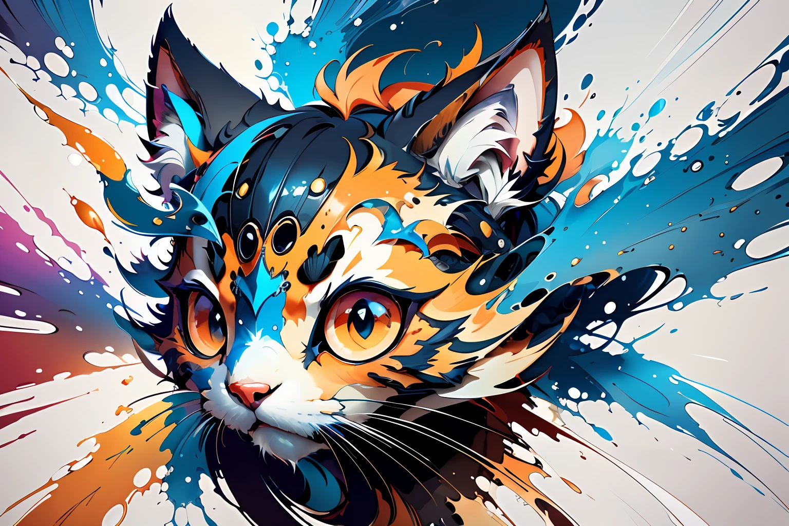 distorted art of a cartoon cat's face of vibrant colors in the form of a futuristic shield with TECHNIQUE brush and splash effects