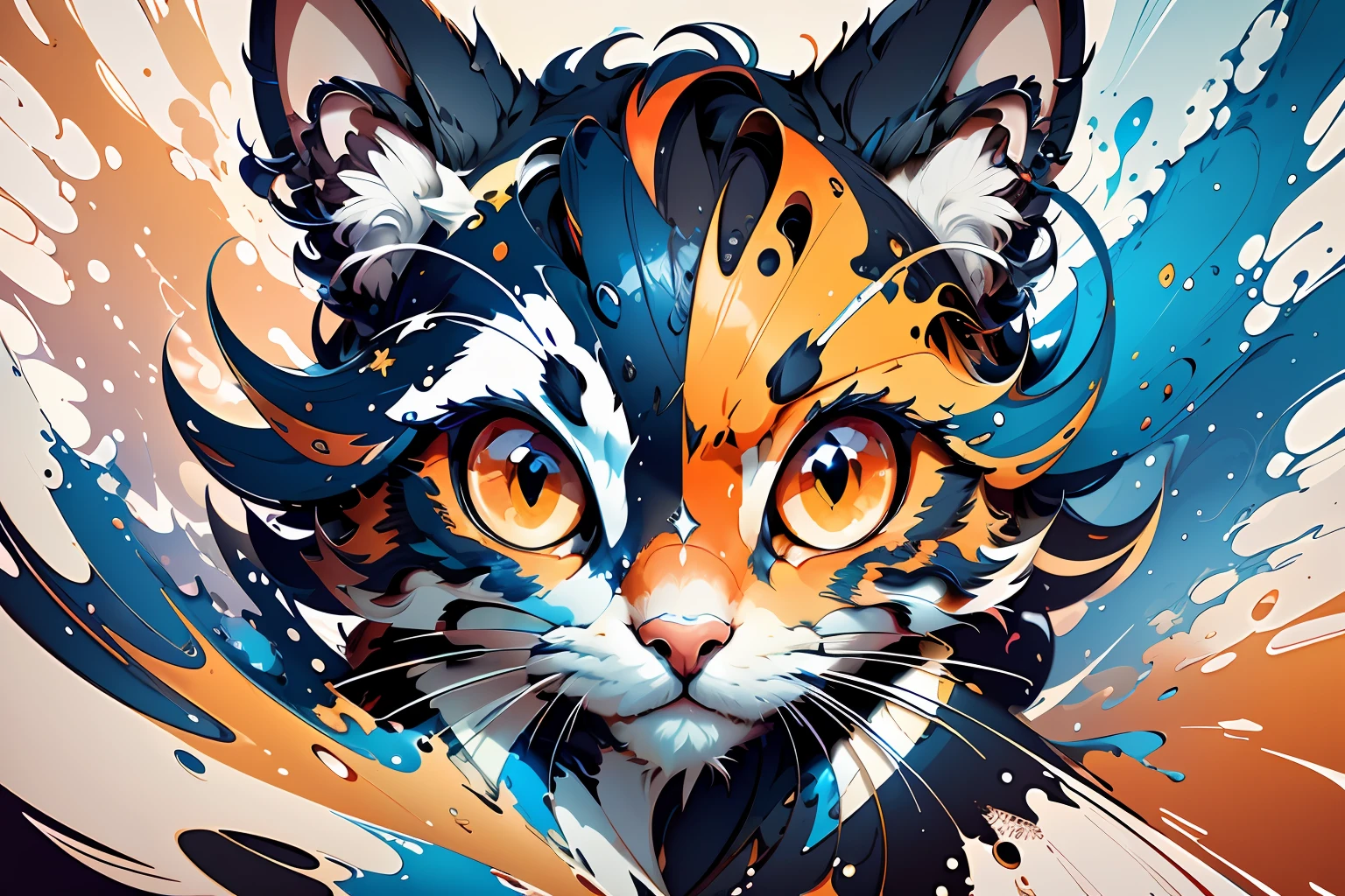 distorted art of a cartoon cat's face of vibrant colors in the form of a futuristic shield with TECHNIQUE brush and splash effects