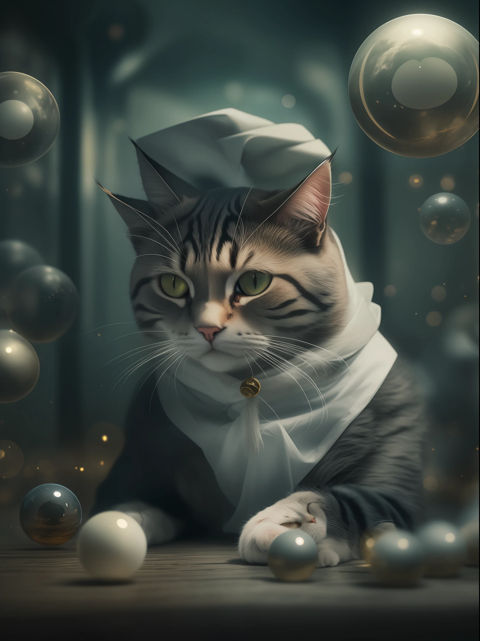 A captivating image of a cat dressed as a renowned physician, performing a mysterious act. The cat's eyes are closed, its face is contorted with emotion, and the symbols and engravings on its coat are visible. The background is a surreal, surreal environment, complete with floating orbs and other surreal elements, creating an otherworldly atmosphere. The soft, bokeh effect created by a small aperture adds a sense of depth and motion to the image. telephoto lens, f/8 aperture, shallow depth of field