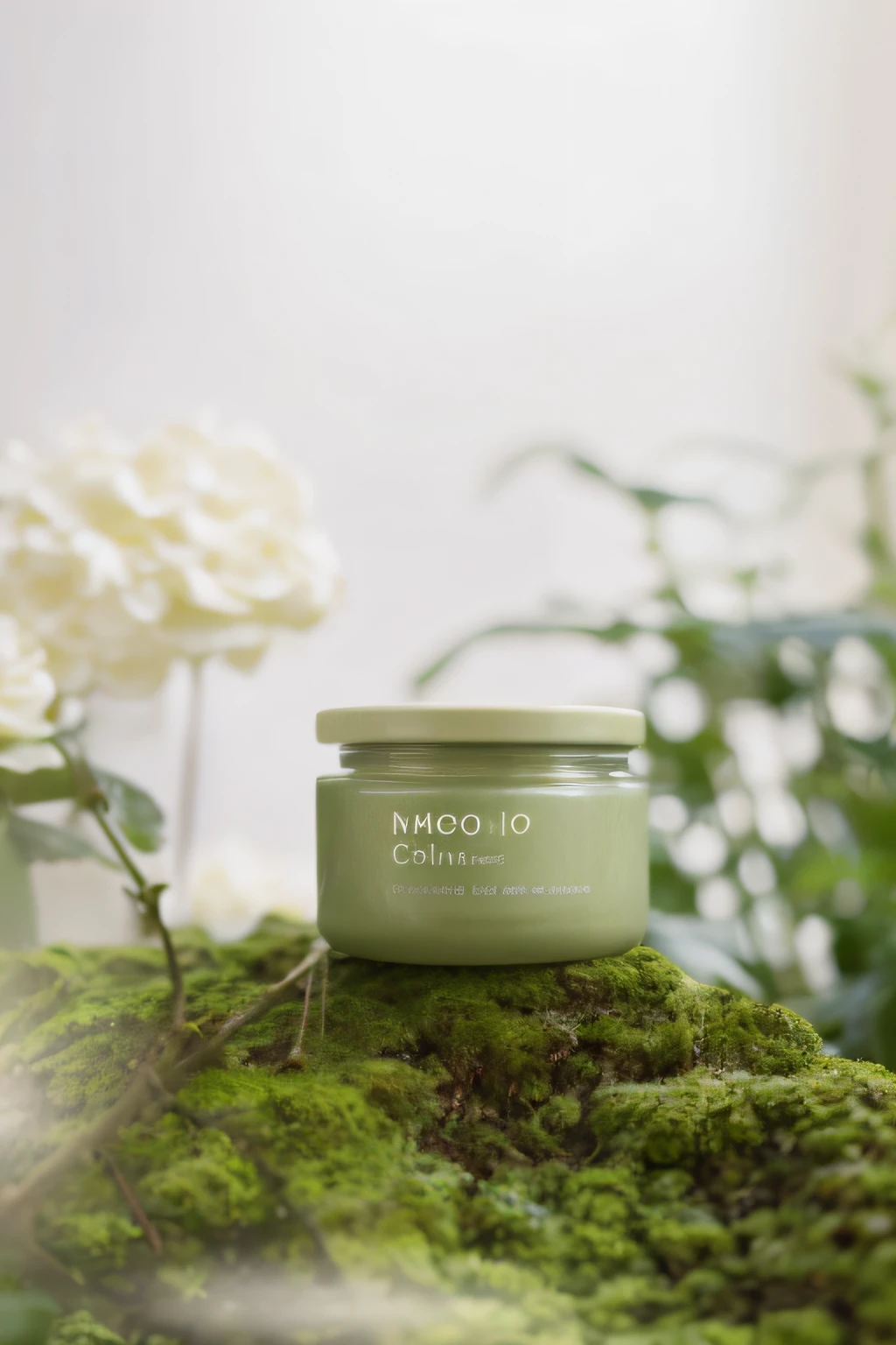 Close-up of a jar of cream on a mossy surface, Chill, biophilia mood, chillwave, textured base ; product image, choi, professional product photo, photoshoot for skincare brand, professional product shot, high quality product photo, Skincare, Inspired by Camilo Sen, Official product photo, Cheerful ambiance, Wang Chen