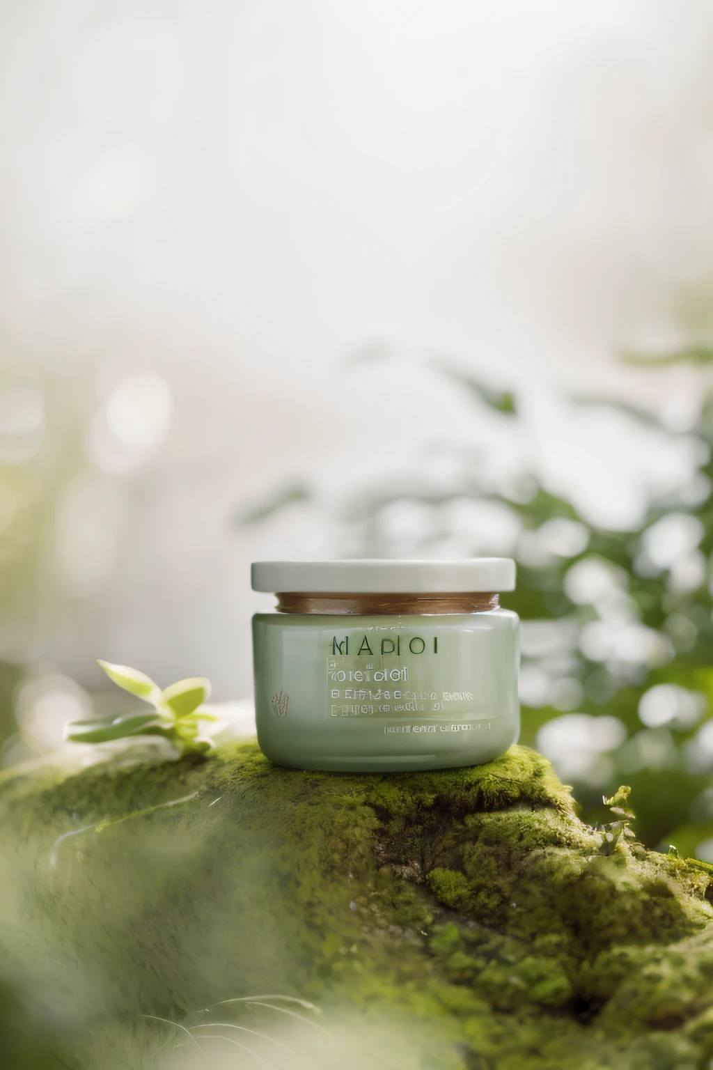 Close-up of a jar of cream on a mossy surface, Chill, biophilia mood, chillwave, textured base ; product image, choi, professional product photo, photoshoot for skincare brand, professional product shot, high quality product photo, Skincare, Inspired by Camilo Sen, Official product photo, Cheerful ambiance, Wang Chen
