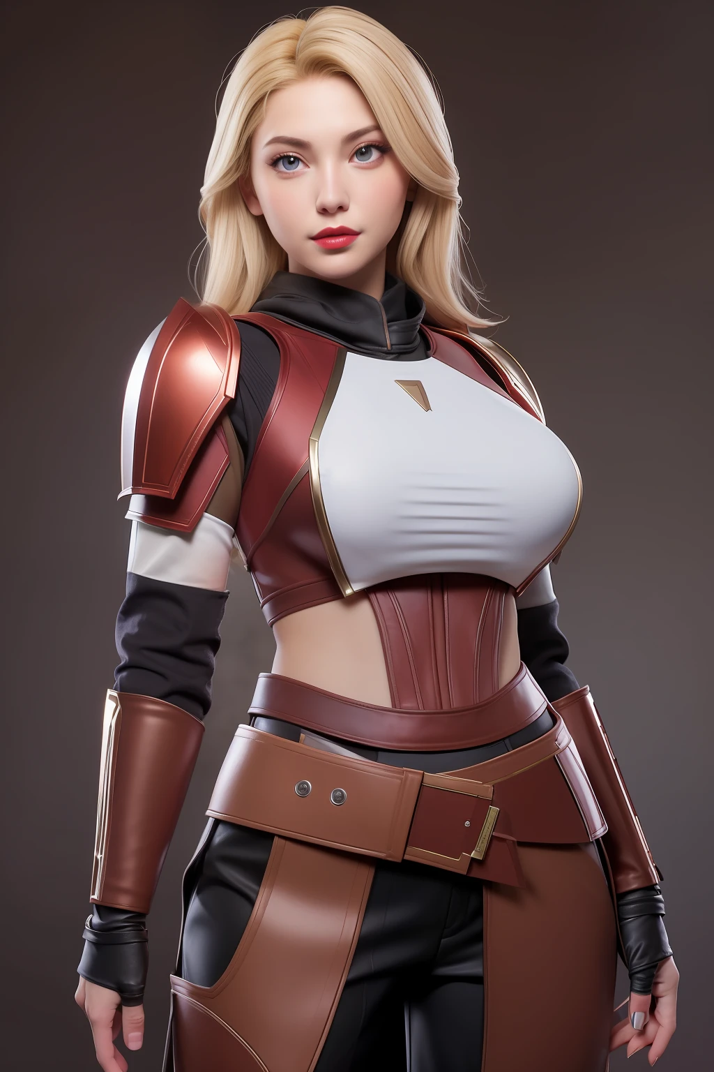 Beautiful Face Woman、a blond、Brown background、 Beautuful Women、18year old、prety woman、hyper realistic photography、High-definition photos、red lipsticks、Mandalorian Style Metal Armor Skirt Suit、big eye、The skin is not very exposed、Do not cut your head off the screen、