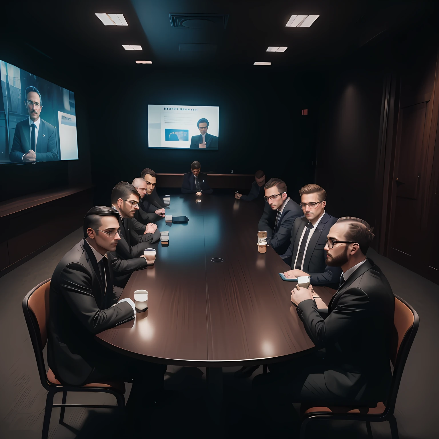 Several men in suits sitting around a table in a dark room, in a meeting room, Business meeting, grupo de pessoas em um quarto escuro, group sit at table, Tiro em Sony A 7 III, in meeting together, Hologramas corporativos, Retrato Corporativo, ready for a meeting, imagem de alta qualidade, Tirado com Canon 5D MK4