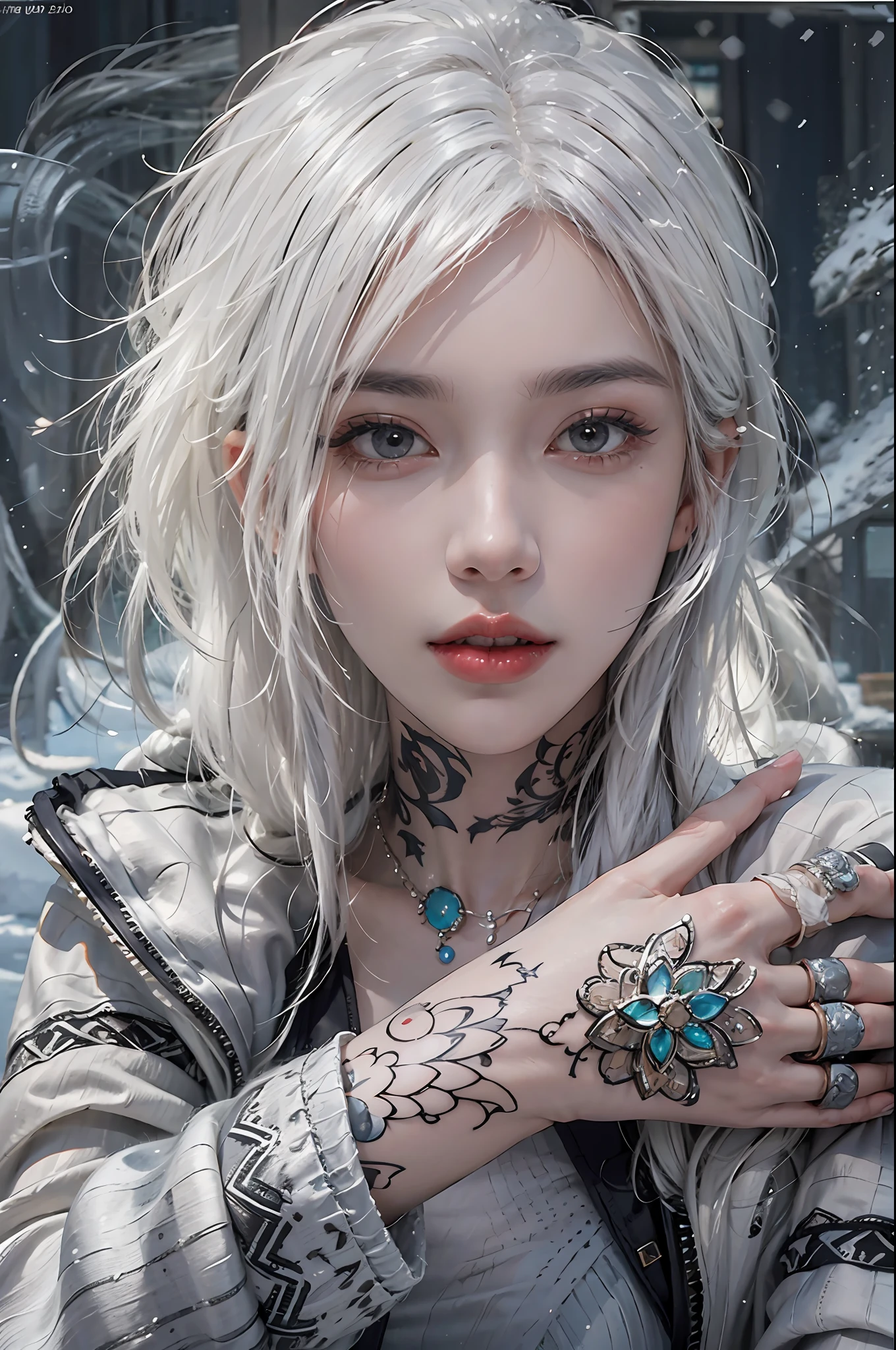 photorealistic, high resolution, 1women, solo, hips up, look at viewer, (detailed face), white hair, winter wear, tattoo, jewelry