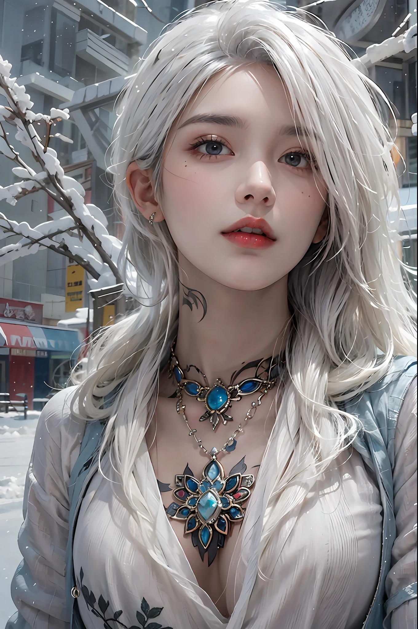 photorealistic, high resolution, 1women, solo, hips up, look at viewer, (detailed face), white hair, winter wear, tattoo, jewelry