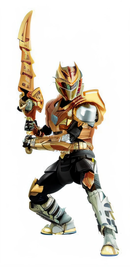 a close up of a toy figure of a man with a sword, kamen rider character, kamen rider action pose, fourze, high fantasy kamen rider, cyber fight armor, Kamen Rider, caracal cyborg, cyber japan style armor, kamen rider ghost, cyber japan armor, Tokusatsu, gold sci - fi armour, body golden armor, golden and copper shining armor