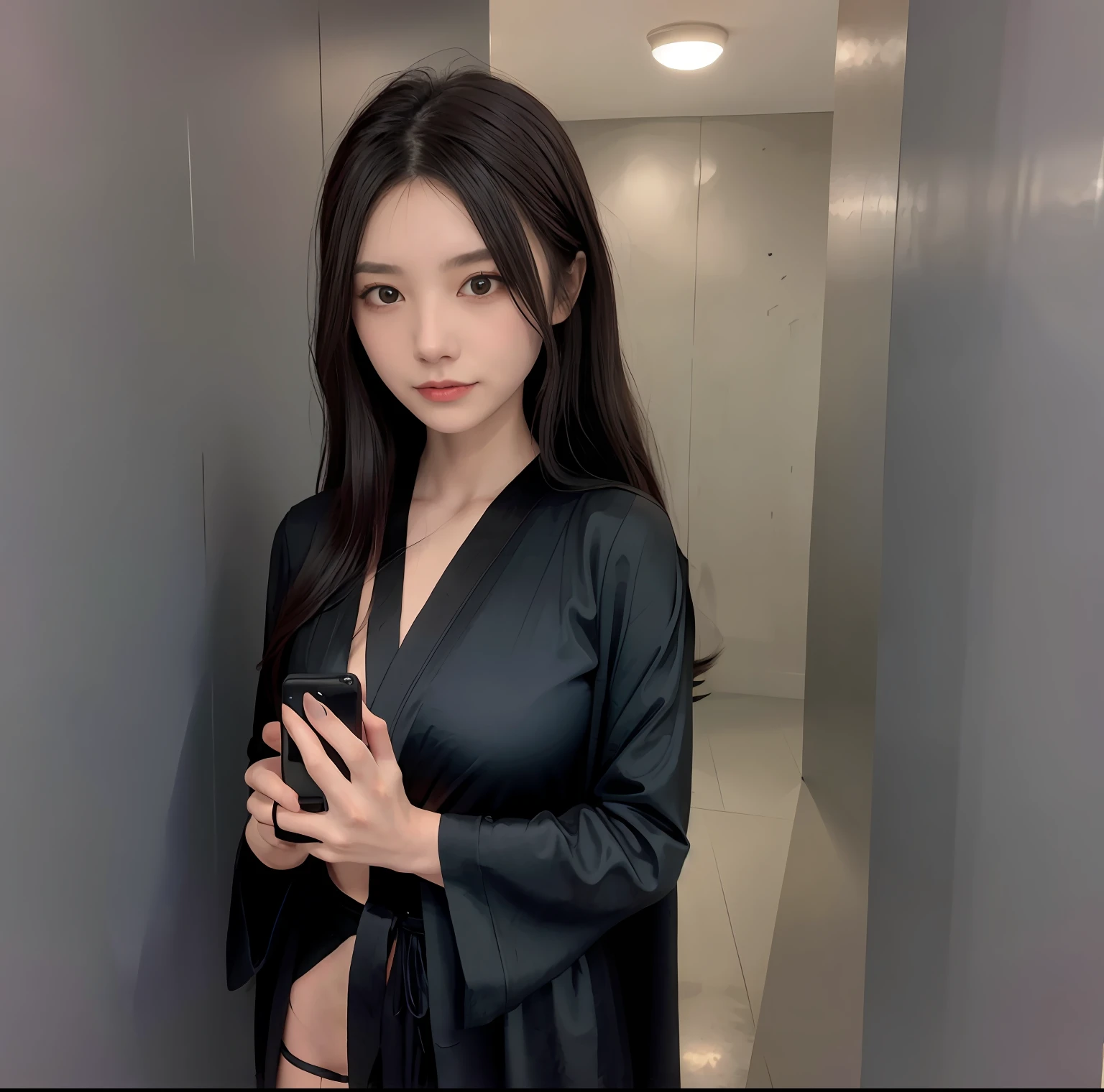 Arapei woman in black dress leans against wall holding cell phone, wearing black silk robe, wearing black silk robe, wearing dark silk robe, deep black robe, thin black robe, 19xx, With black, Black robe, in a black chiffon layered robe, Silk robes, Satin, sleek robes, evening formal robes, Wearing a luxurious silk robe