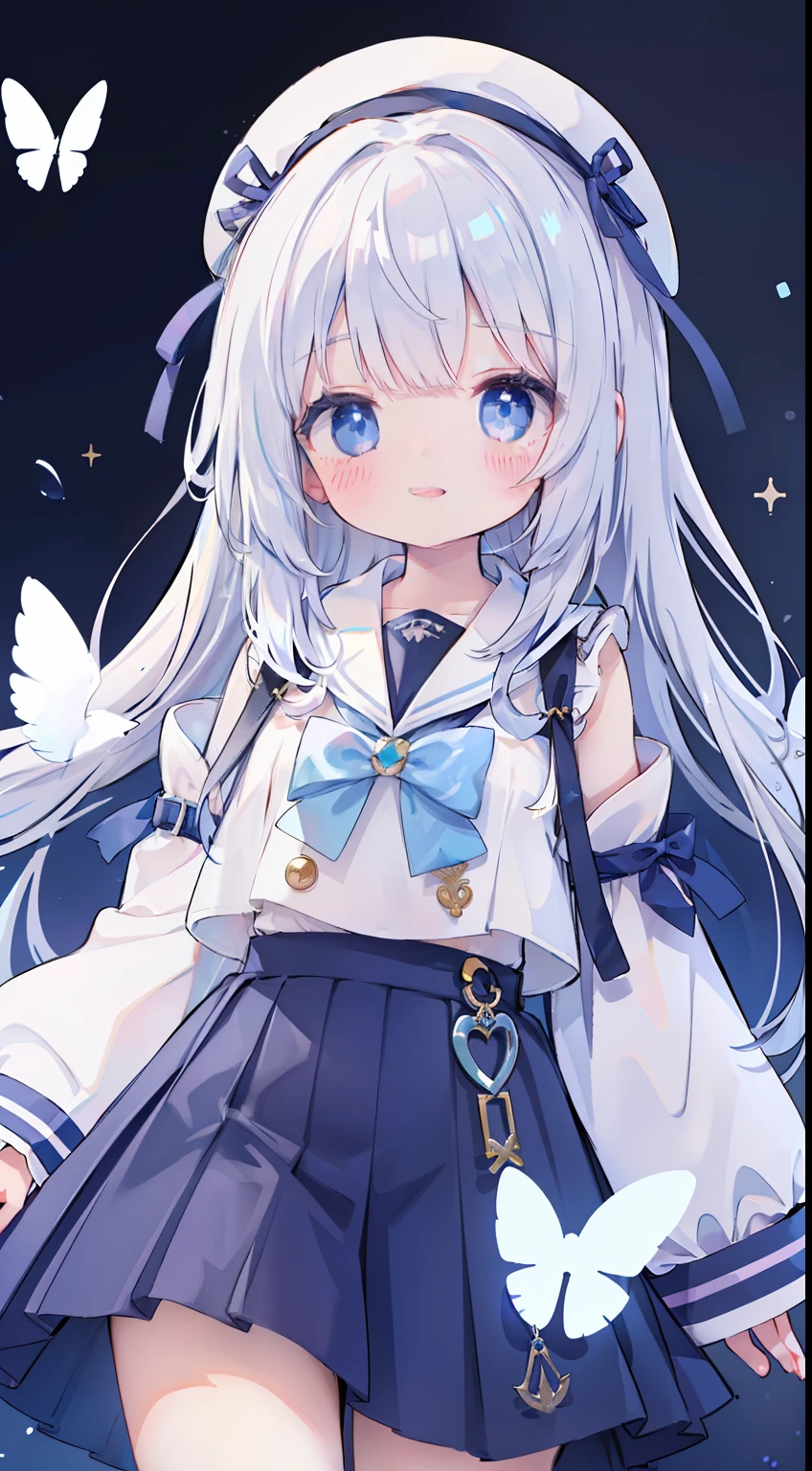 One girl、silber hair、long、Fluttering hair、blue eyess、A smile、​masterpiece、Top image quality、Laugh、Long-sleeved sailor suit、pleatedskirt、long-sleeve、Moe Sleeve