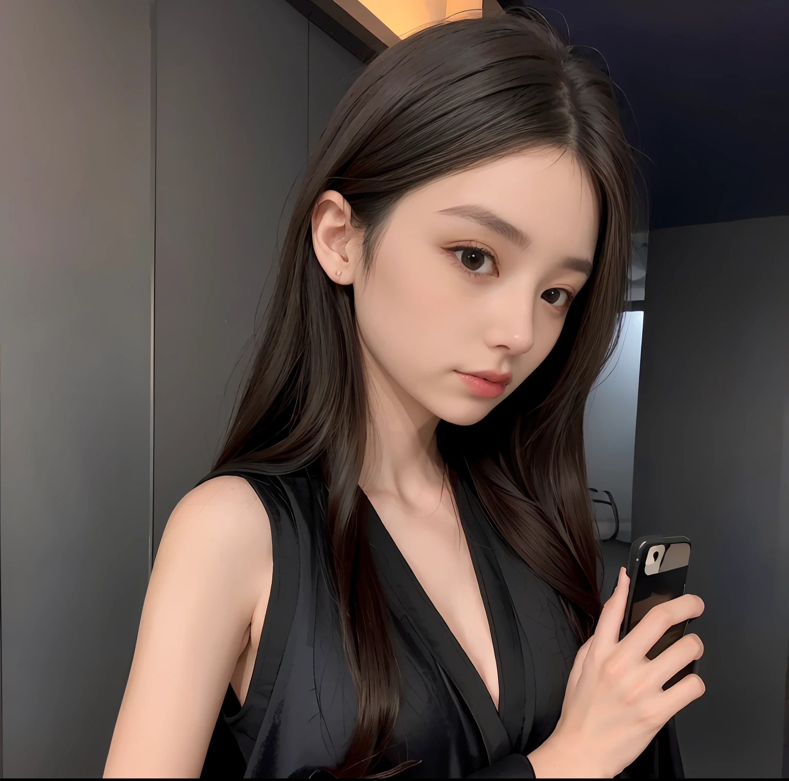 Arapei woman in black dress leans against wall holding cell phone, wearing black silk robe, wearing black silk robe, wearing dark silk robe, deep black robe, thin black robe, 19xx, With black, Black robe, in a black chiffon layered robe, Silk robes, Satin, sleek robes, evening formal robes, Wearing a luxurious silk robe