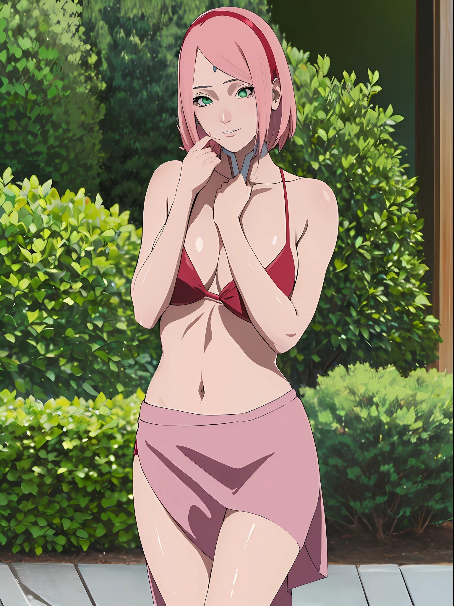 (Alta qualidade) solo, (Melhor qualidade, 8k, UHD: 1.2) fotorrealista,obra-prima, solo, 1garota,solo,haruno sakura, marca na testa, faixa de cabelo vermelha,umbigo,pulseira, olhando para o espectador,cabelo flutuante, sexy, corpo perfeito, seios grandes, corpo perfeito, piscina, bikini, piscina, water drops on the body, corpo molhado, cabelo molhado, milf Body, pink skirt,