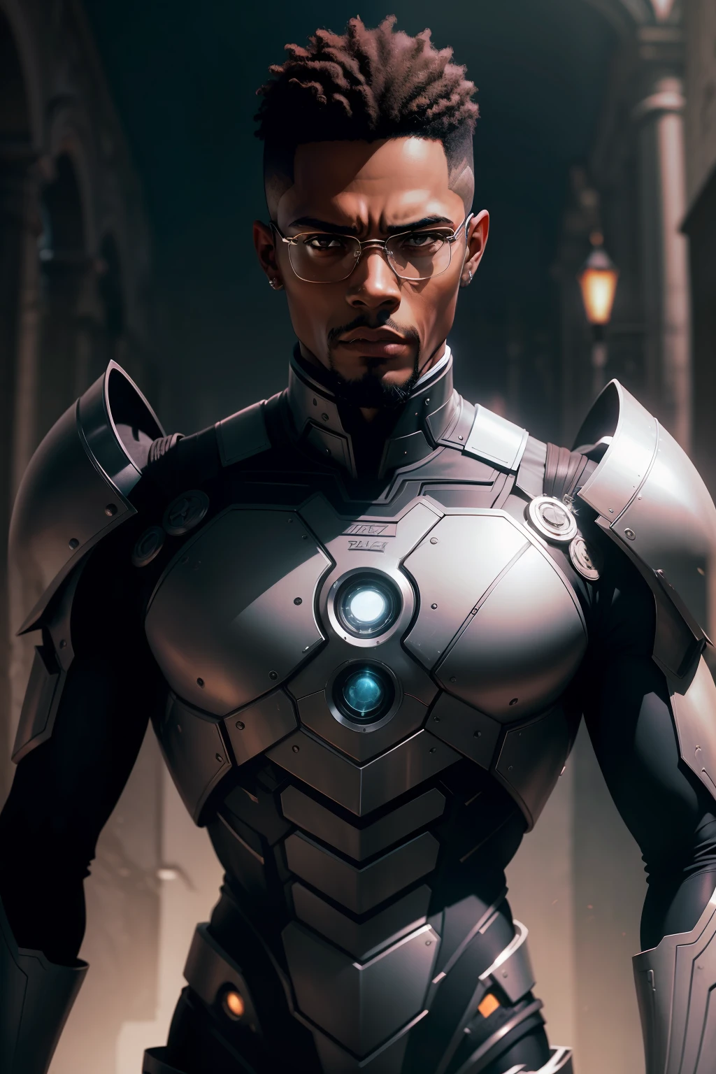 malcolm-x face, dark fantasy, rock-ballads, black man, brown skin, barba curta branca, homem quarenta anos, robotic presence, wearing a dark mechanical suit, intrincado, (steel metal [enferrujado]), elegante, Gothic colors, obra-prima, ((rua)), dark light, rounded face