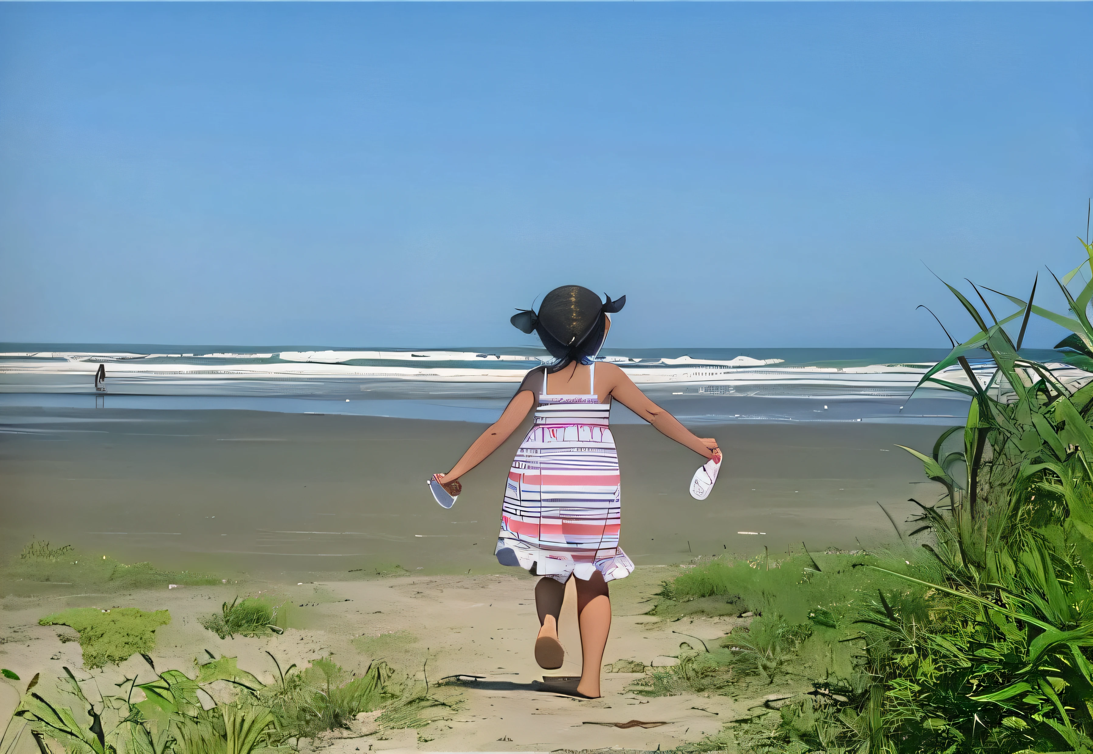 There's a girl who's running up to the beach, na praia, Praia ventosa, em uma praia, na praia, garotinha, Praia, near the sea, Caminhando na praia, Panoramic view of the girl, meninahando entre dunas, brincando na praia, na praia, Loli, na praAn absolutely mesmerizing sunny day on the beach with a fully blue sky. The water is crystal clear, beijando suavemente a areia, and the white sand beach stretches as far as the eye can see. The scene is dynamic and breathtaking, with seagulls flying high in the sky and palm trees swaying gently. Absorva a atmosfera calma e deixe a tranquilidade envolver.
