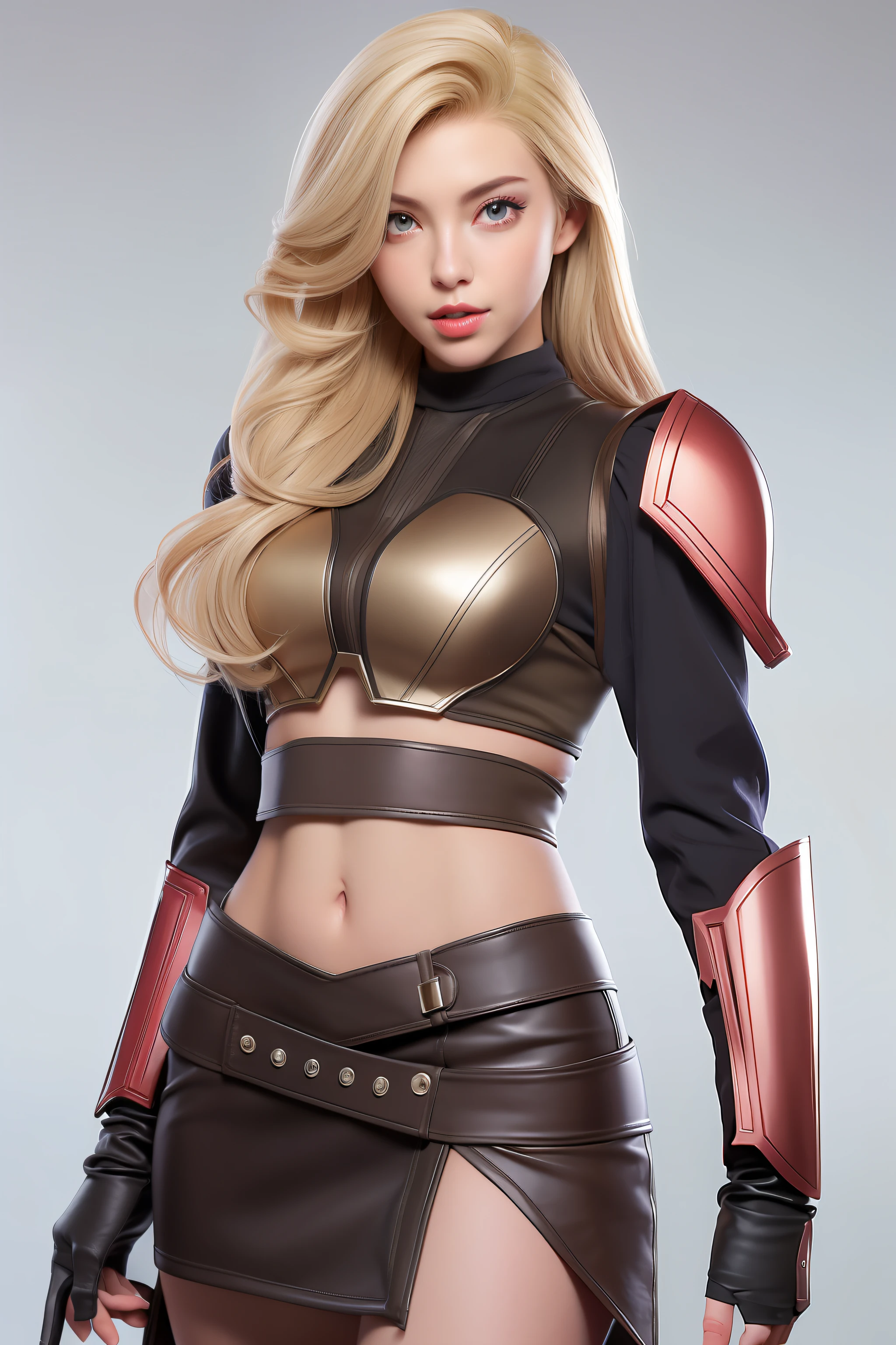 Beautiful Face Woman、a blond、a miniskirt、Khaki background、 Beautuful Women、18year old、prety woman、hyper realistic photography、High-definition photos、red lipsticks、Mandalorian Style Metal Armor Skirt Suit、big eye、The skin is not very exposed、Do not cut your head off the screen、Skirt without slit