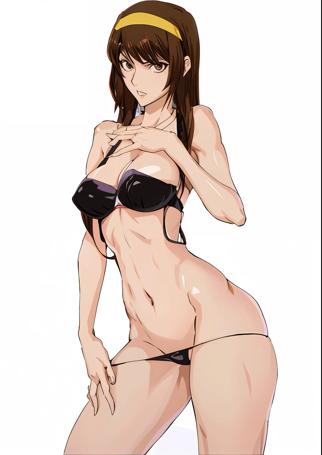 Anime girl in bikini with headband and black bra, Seductive Anime Girl, kurisu makise, Tifa Lockhart, Tifa, hands behind her body pose!, Ecchi, brown hair and a perfect body, charming anime girls, Ecchi anime style, anime woman fullbody art, revy black lagoon, Full body!!, beautiful alluring anime woman