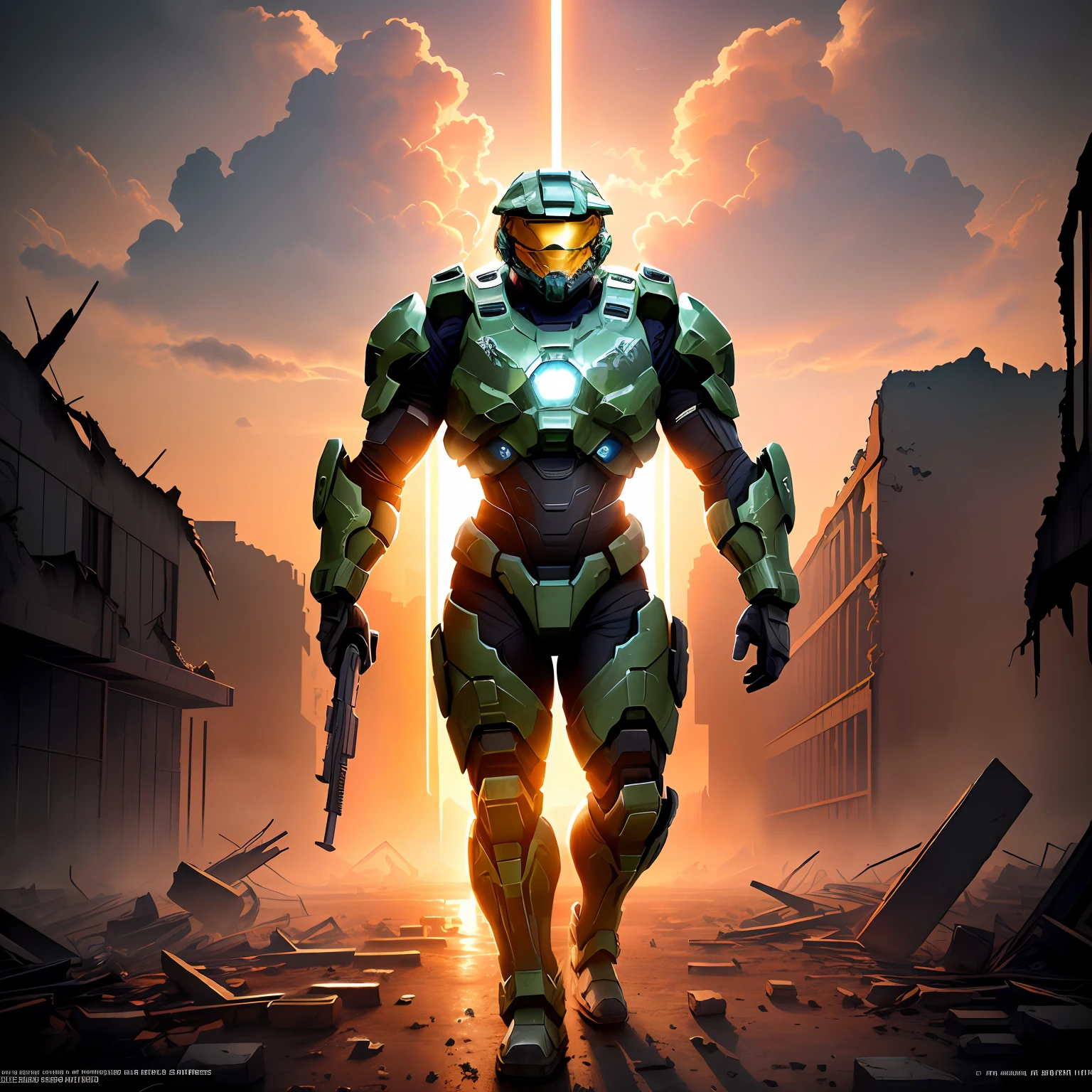 A stunning view of Halo Reach，Depicts a Spartan supersoldier in ruins，Behind it is a cool energy shield，It is surrounded by broken machinery and ruins，In the distance are broken buildings and the setting sun，Highlights the strength and tenacity of the Spartans，number art，--ar 16：9