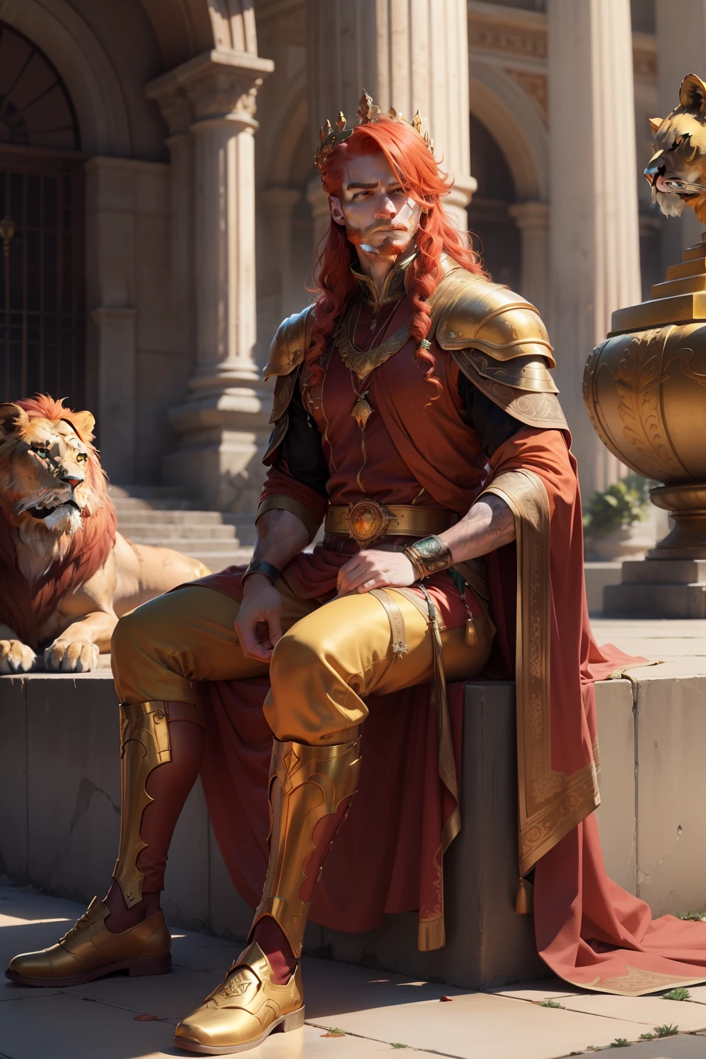 a man with red hair sitting on a concrete slab, two 4k adult lions on each side of him, red orange gold and green dress with a golden crown an a golden staff in his hand, deep in thought