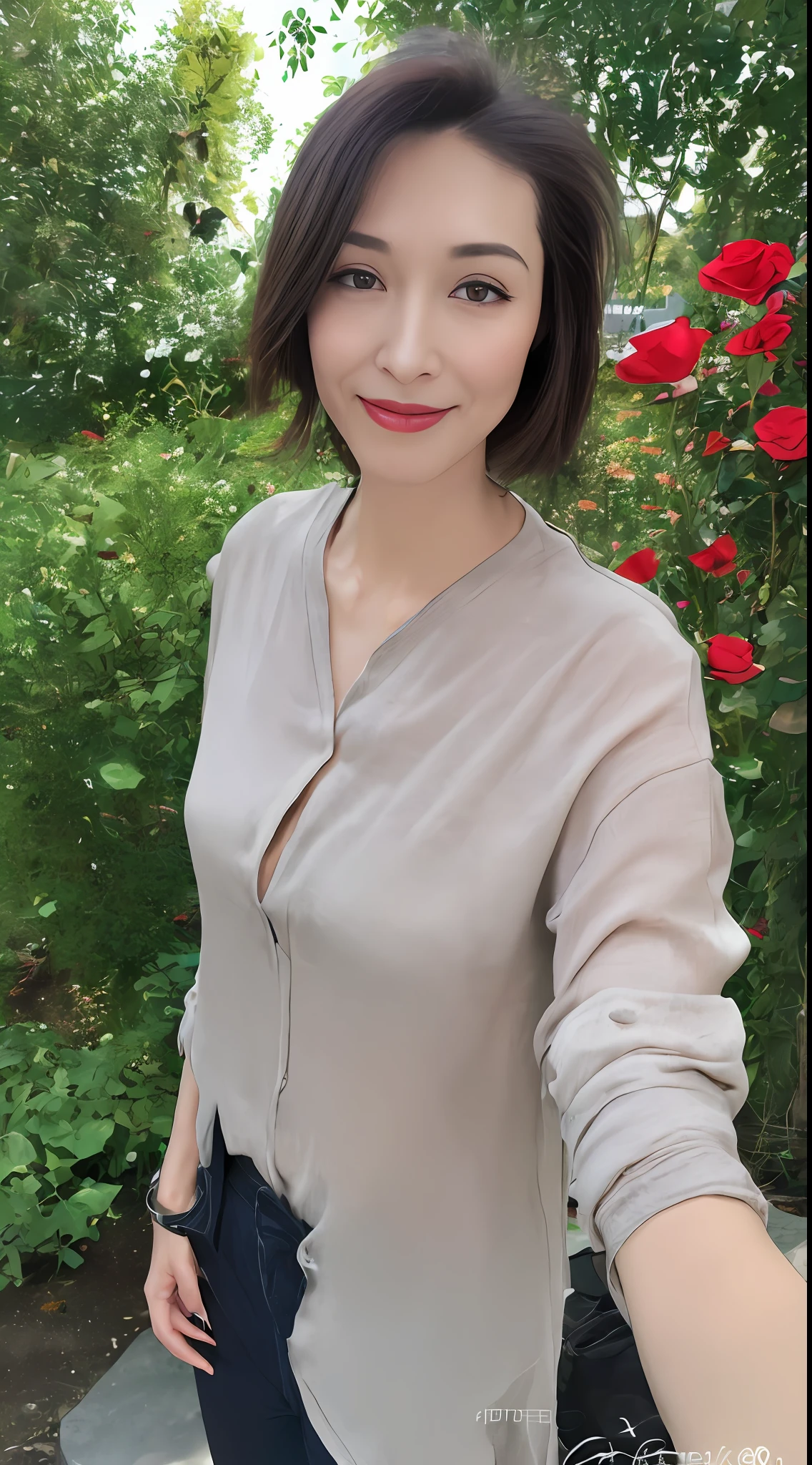 ((top-quality、8K、​masterpiece:1.3))、sharp:1.2、Perfect Body Beauty:1.4、Slim abs:1.2、Big、Beautiful face、A smile、((businesswoman、Casual clothing:1.3))、(Red rose garden background:1.2)、Straight hair、Highly detailed facial and skin texture、A detailed eye、Aspect of looking at the camera、portlate