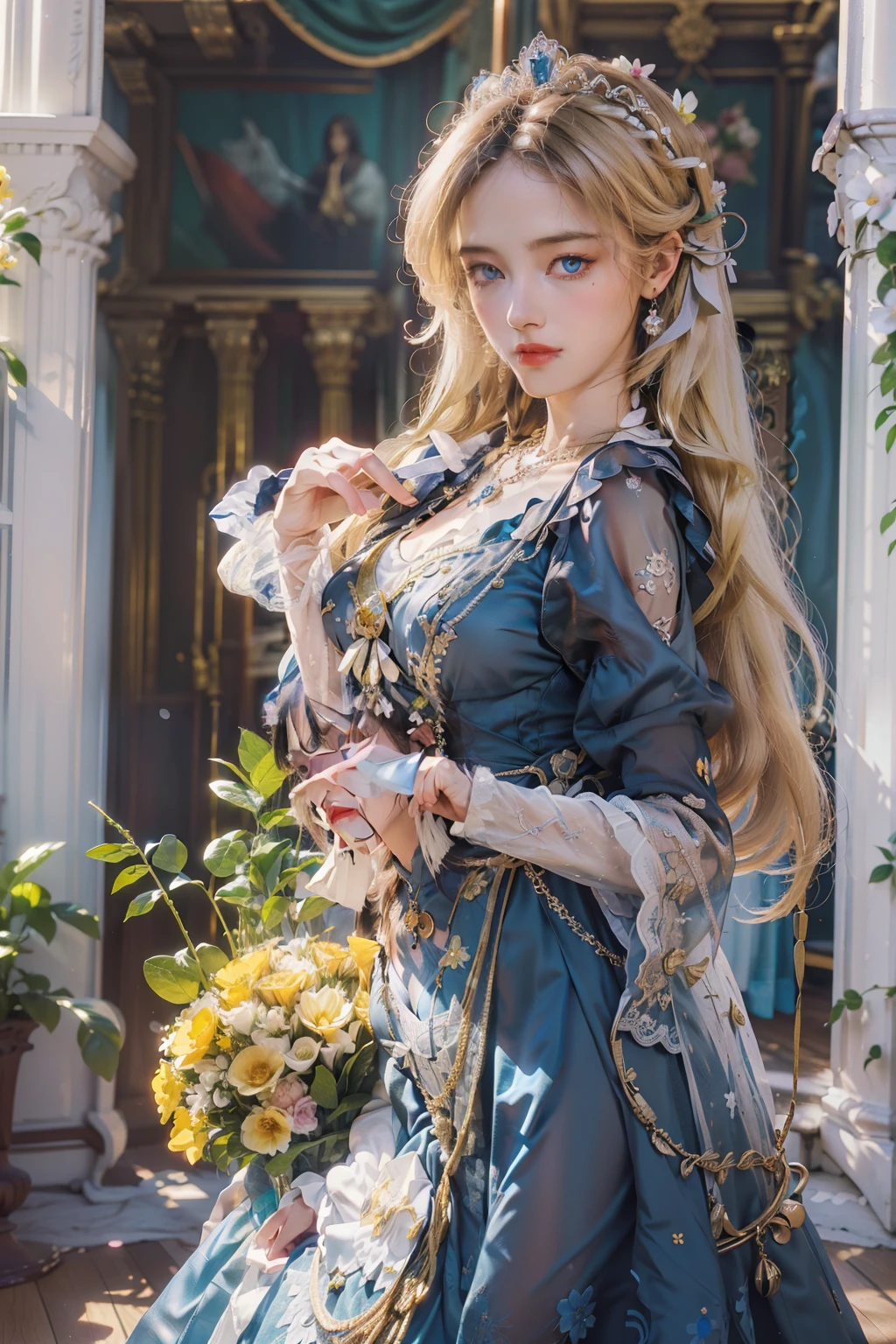 (ornate blue and yellow european style princess dress:1.2),(long sleeves),flower necklace,1 girl,full body, high heels,(long hair:1.1), (realistic:1.7),((best quality)),absurdres,(ultra high res),(photorealistic:1.6),photorealistic,octane render,(hyperrealistic:1.2), (photorealistic face:1.2), (8k), (4k), (Masterpiece),(realistic skin texture), (illustration, cinematic lighting,wallpaper),( beautiful eyes:1.2),((((perfect face)))),(cute),(standing),(black hair),(blonde hair),blue eyes,red lips, (indoors),(in the palace),(vase),(flowers),(ornaments),